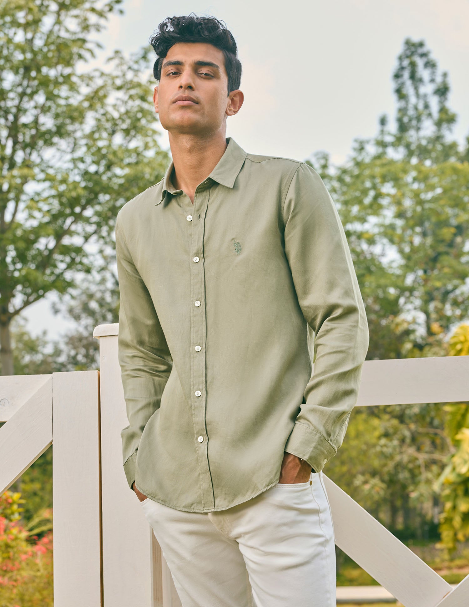 Pacho X Tailored Fit Twill Shirt Light Olive - U.S. POLO ASSN. | Large