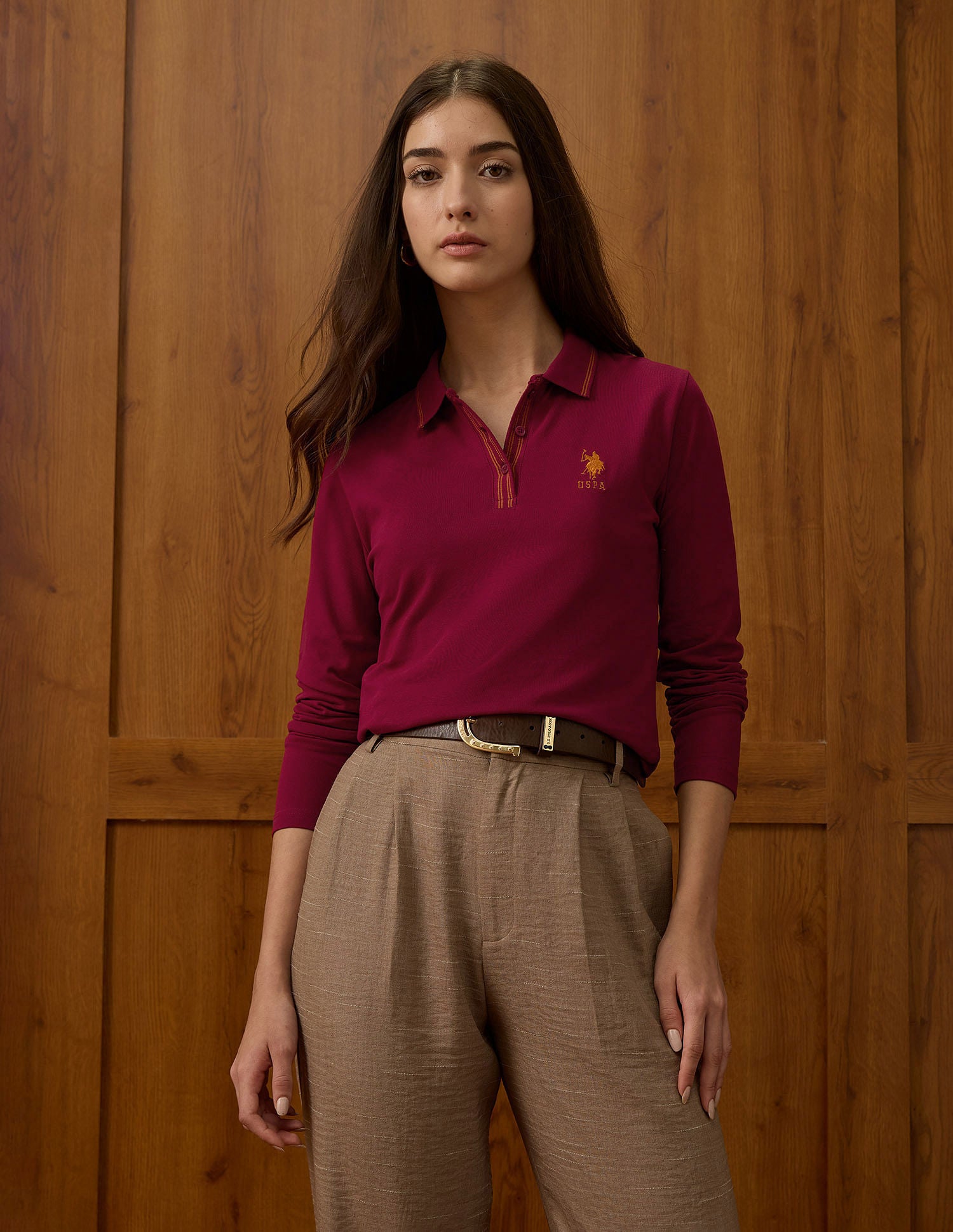 Polo Collar Cotton Tshirt With Full Sleeves Dk. Red - U.S. POLO ASSN. | Large