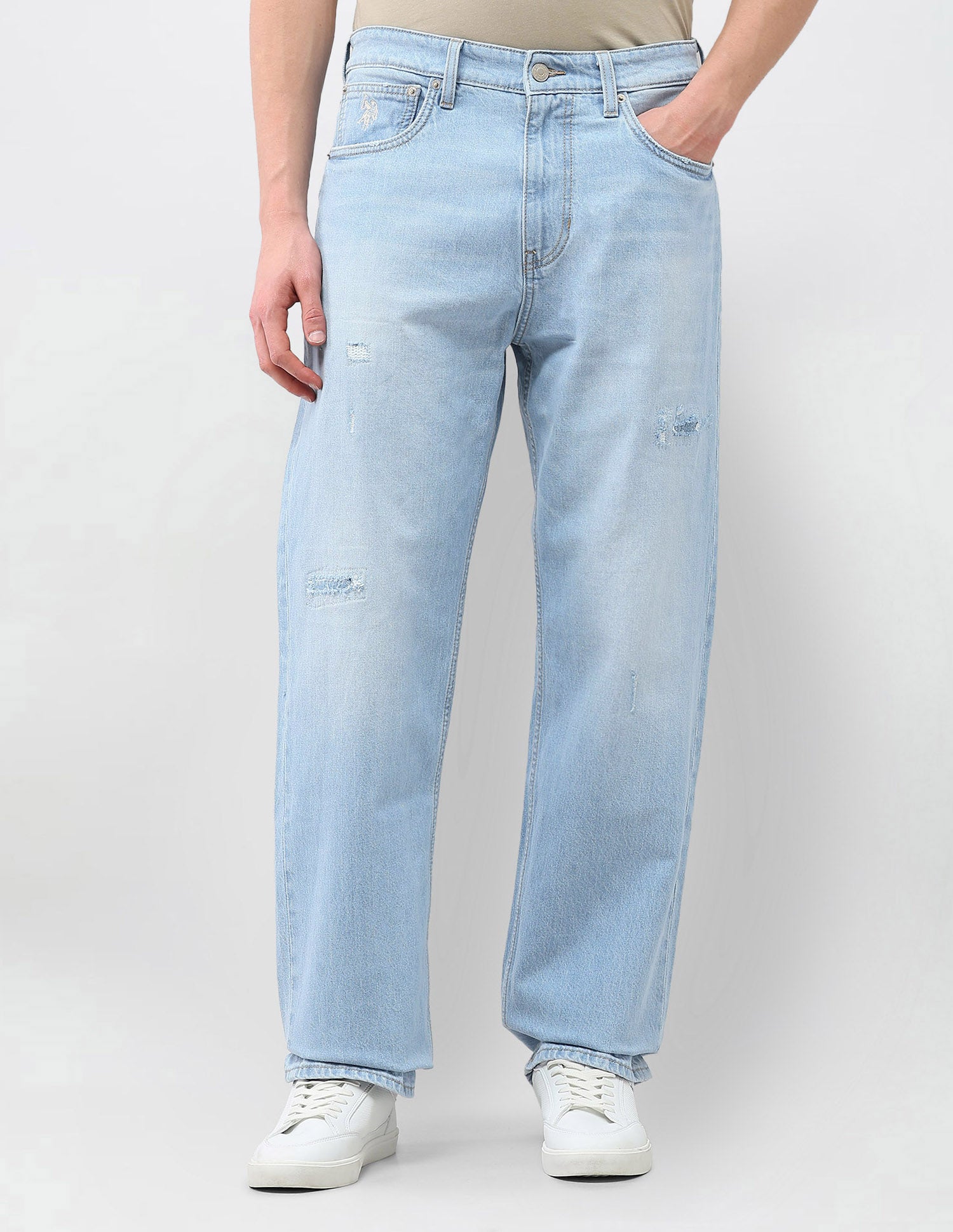 Logan Loose Straight Fit Blue Distressed Jeans Light Blue - U.S. Polo Assn. India | Large