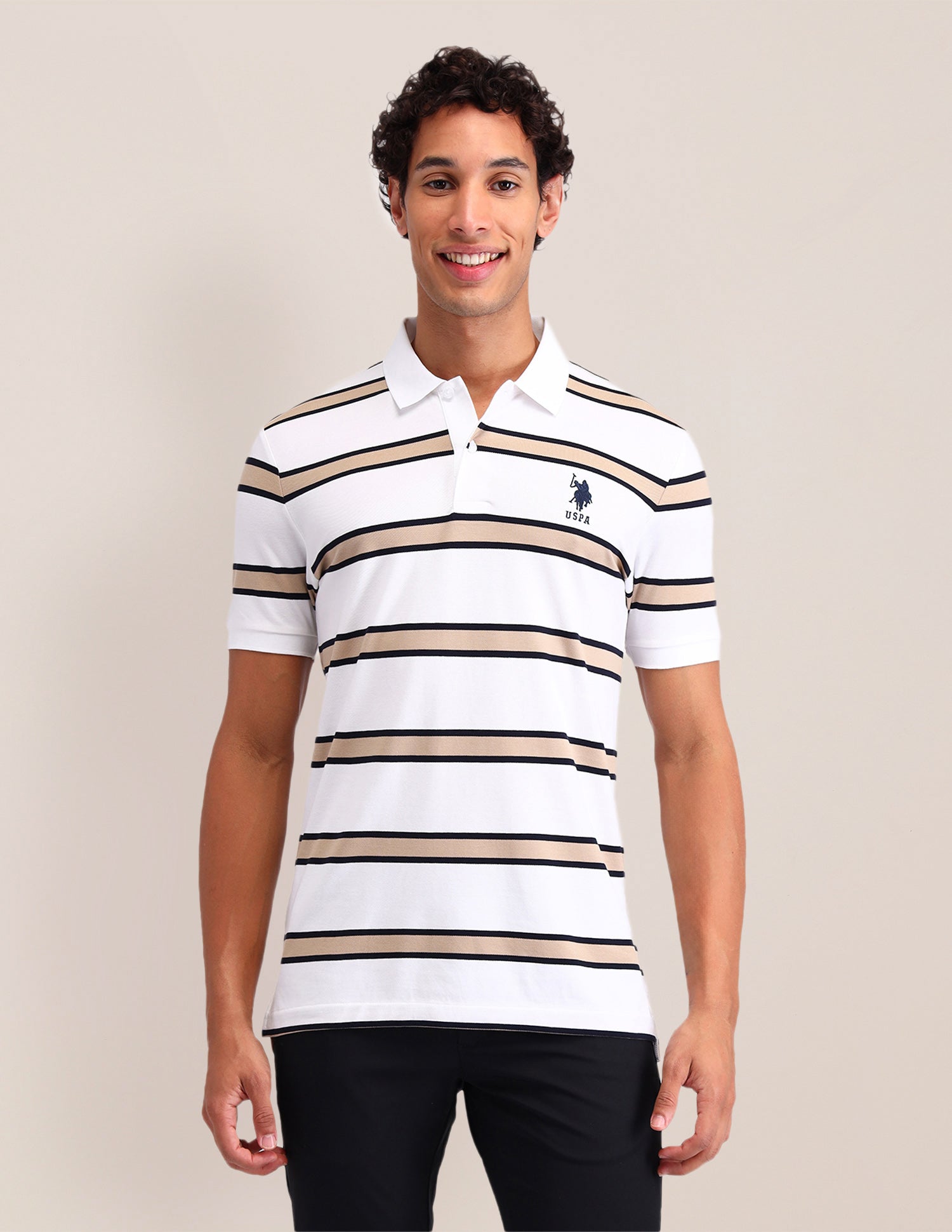 Horizontal Striped Slim Fit Polo Shirt White - U.S. Polo Assn. India | Large