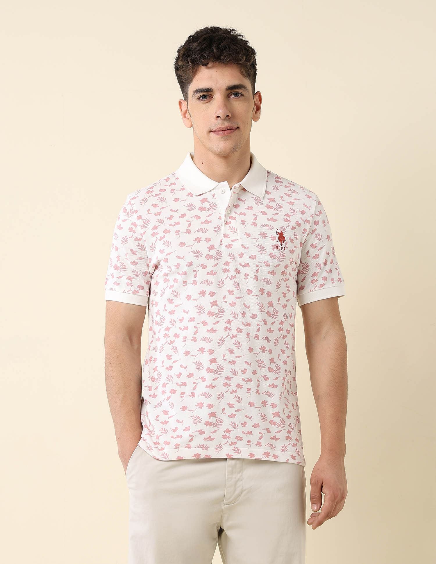 All-Over Printed Slim Fit Polo Shirt Off White - U.S. Polo Assn. India | Large