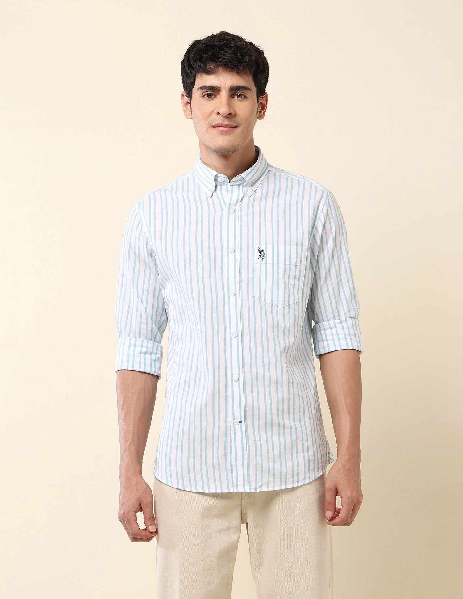 Vertical Striped Pure Cotton Shirt Aqua - U.S. Polo Assn. India | Large