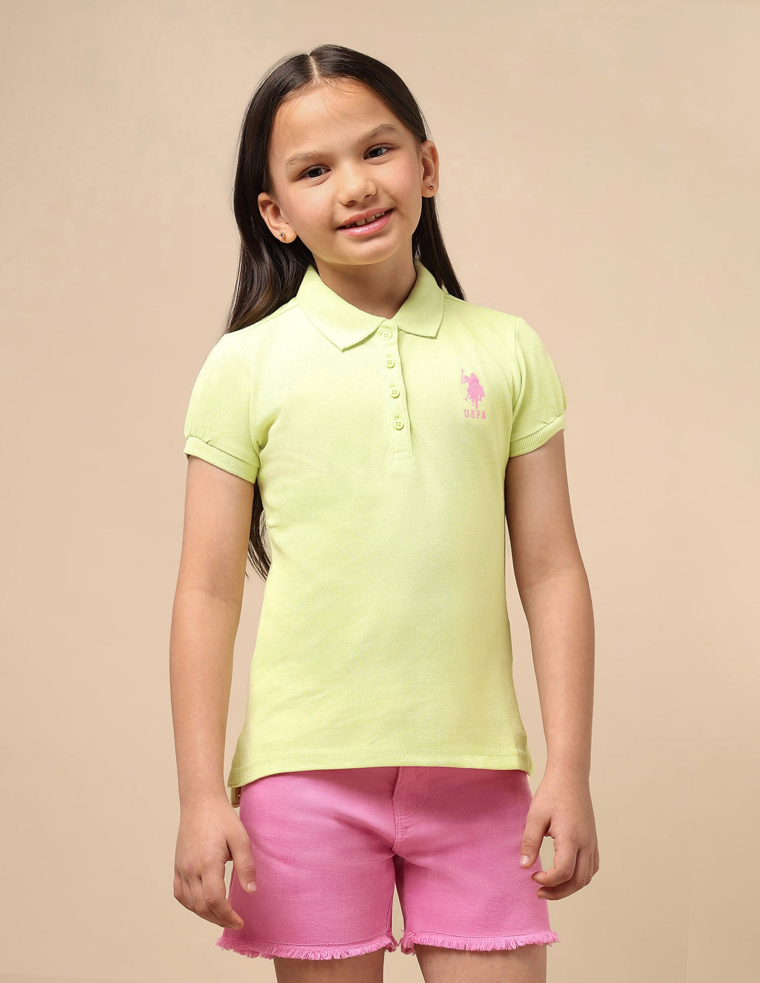 Puff Sleeve Cotton Polo Shirt Light Green - U.S. POLO ASSN. | Large