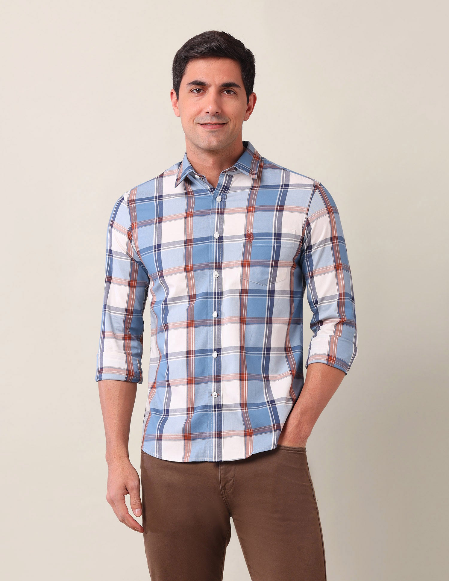 Grid Tattersall Checked Tailored Fit Shirt Medium Blue - U.S. Polo Assn. India | Large