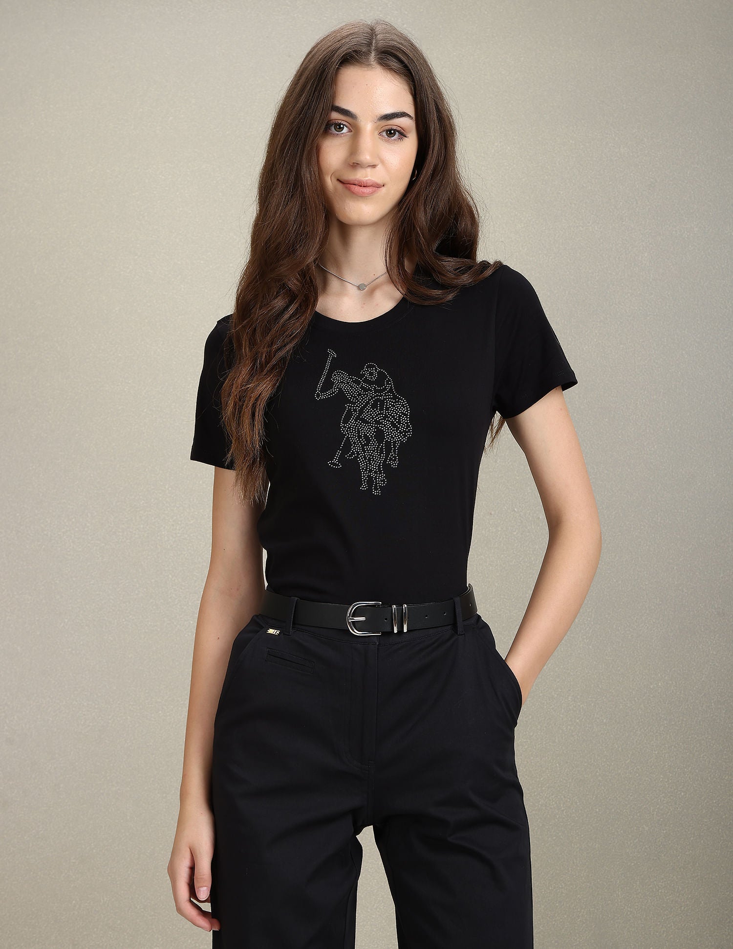 Sequin Logo Crew Neck T-Shirt Black - U.S. POLO ASSN. | Large