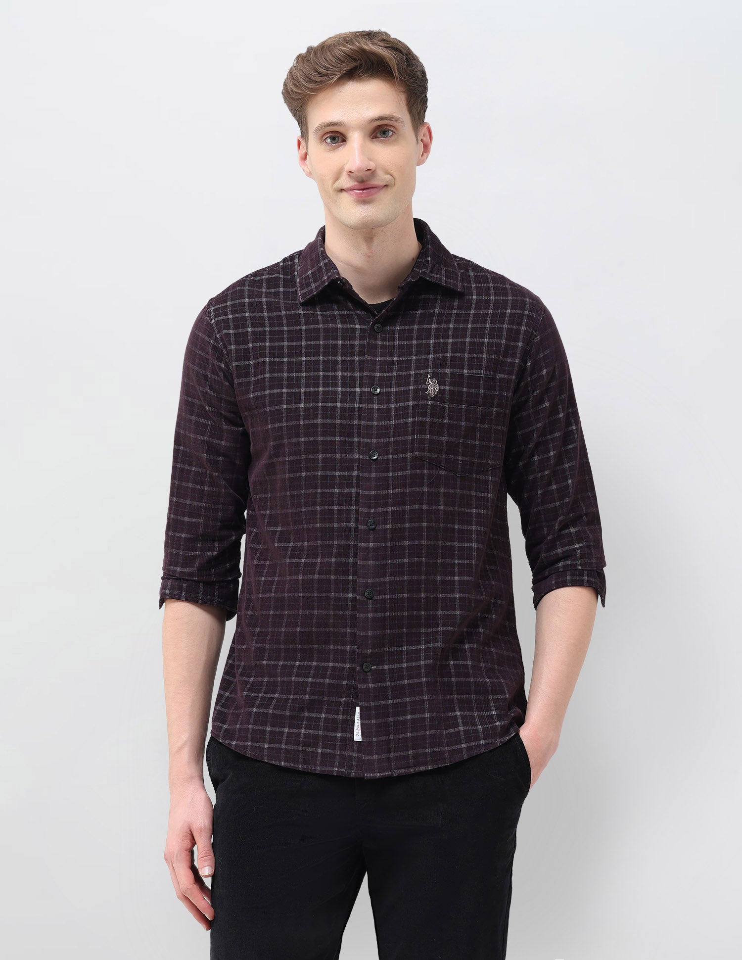 Grid Tattersall Checked Corduroy Shirt Maroon - U.S. POLO ASSN. | Large