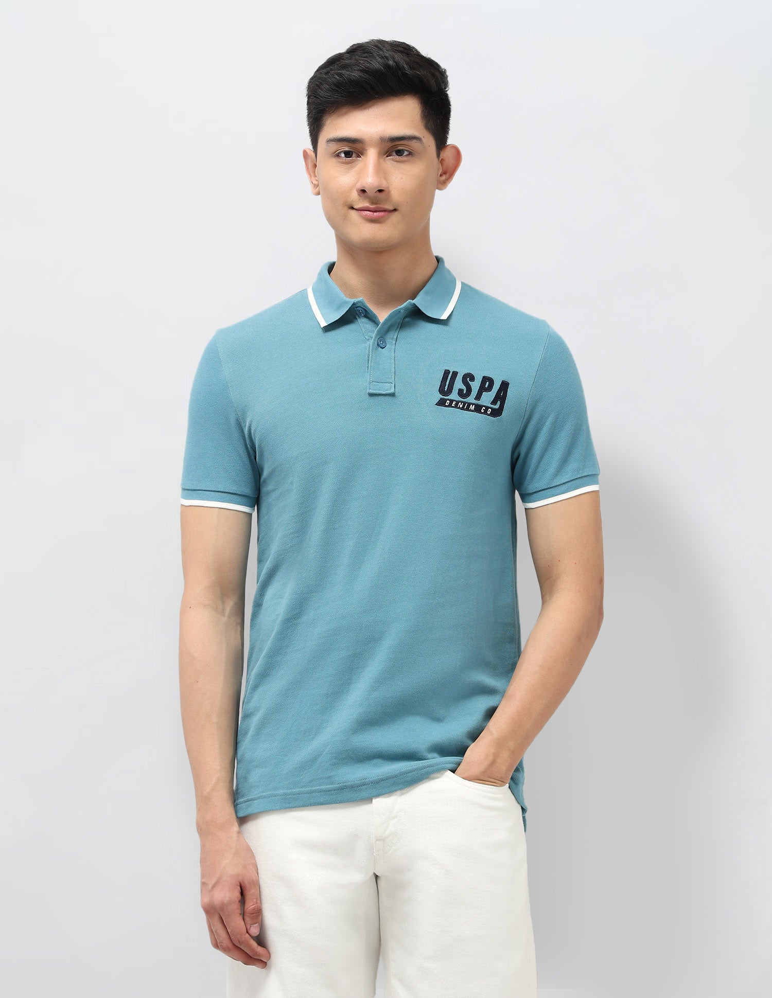 Pure Cotton Muscle Fit Polo Shirt Light Blue - U.S. Polo Assn. India | Large