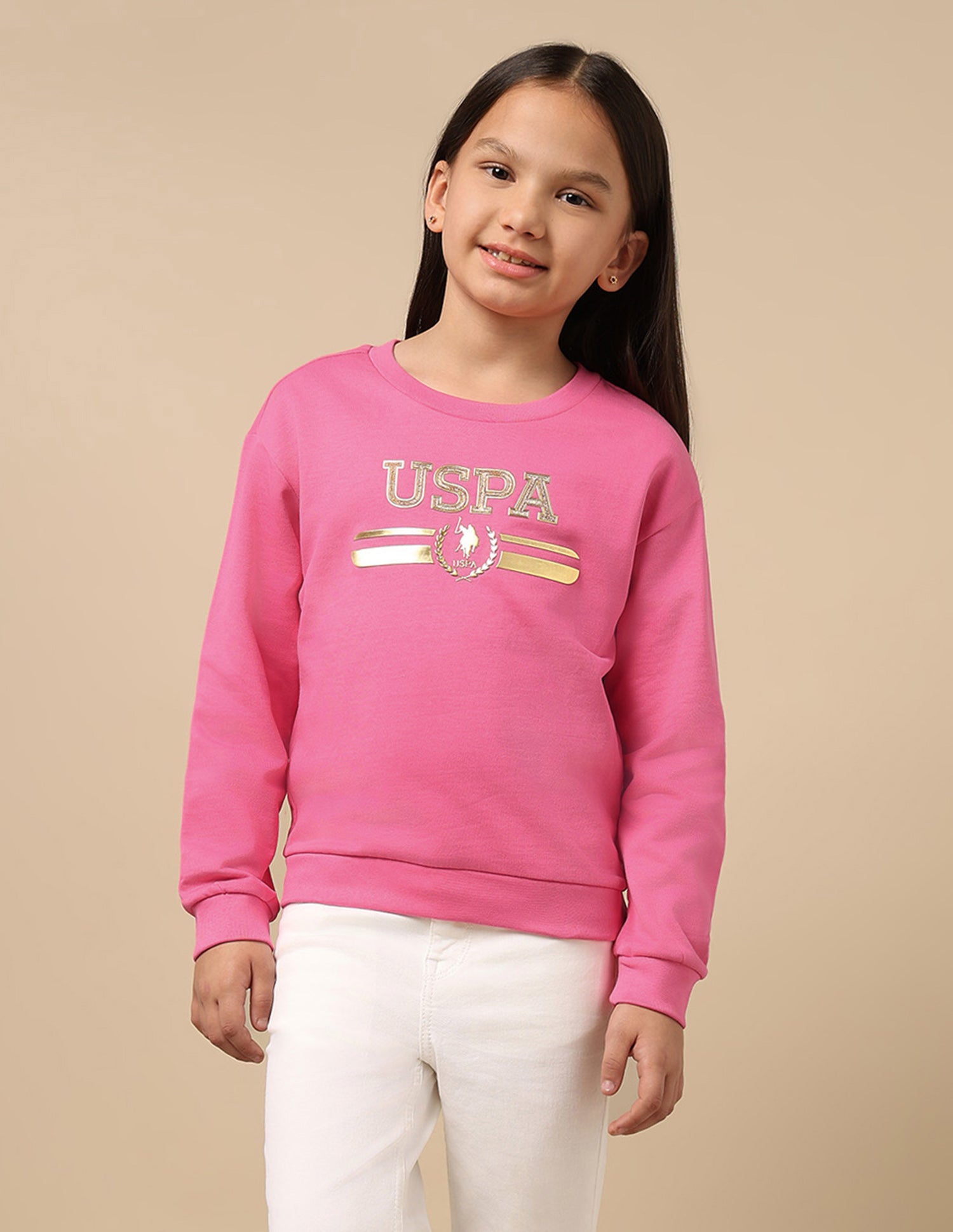 Girls Metallic Brand Print Sweatshirt Pink - U.S. Polo Assn. India | Large