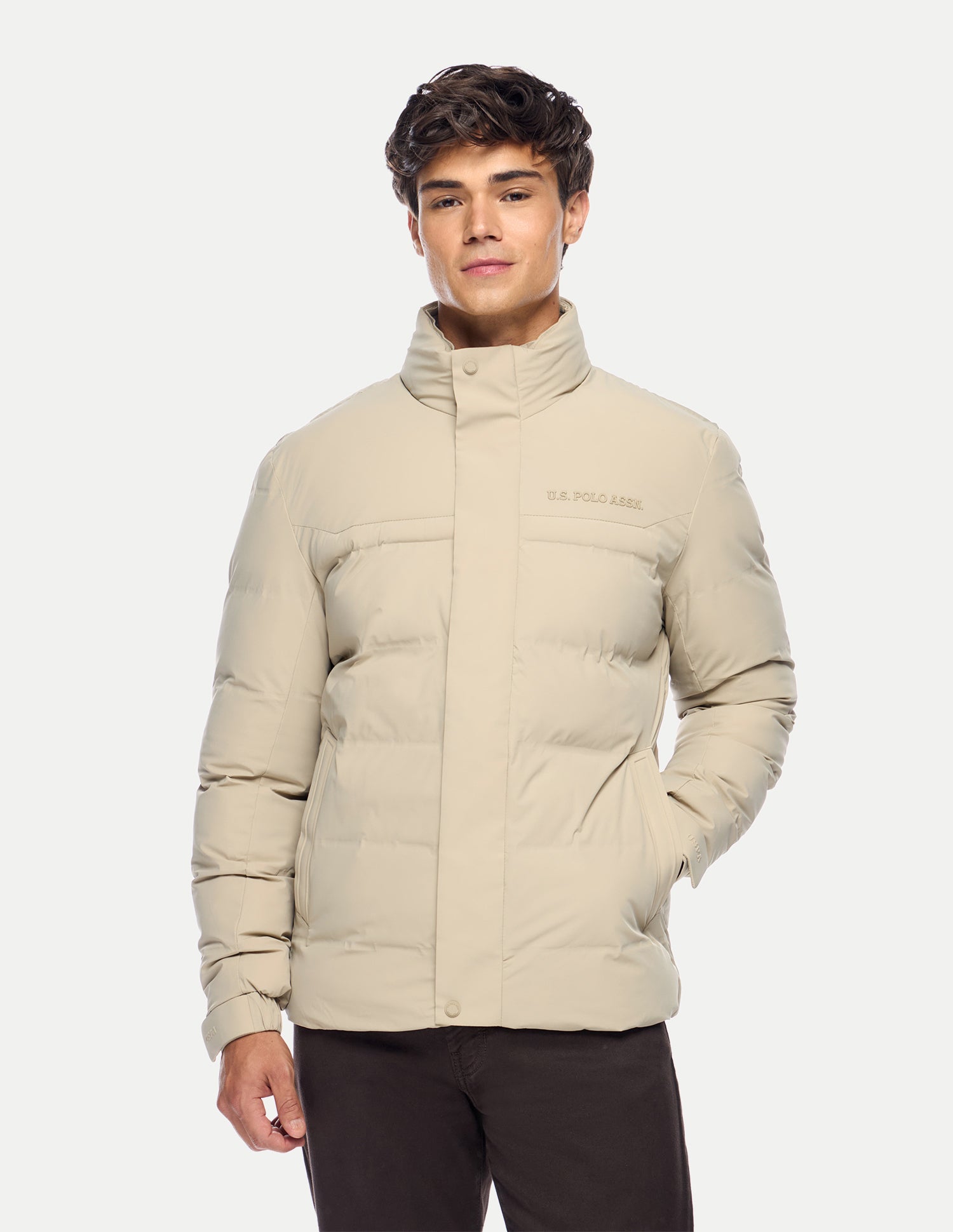 Solid Regular Fit Puffer Jacket Beige - U.S. Polo Assn. India | Large