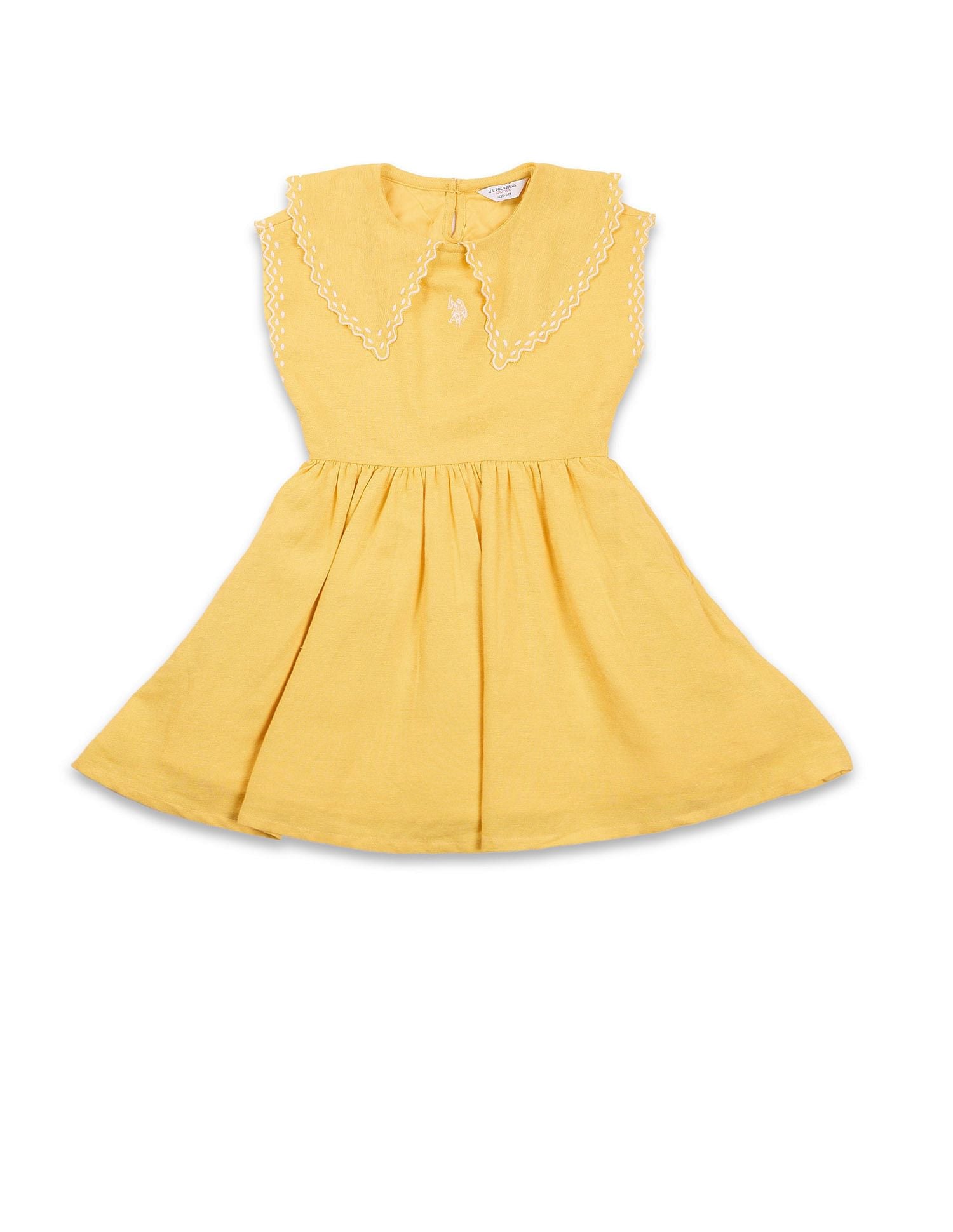 Girls Embroidered Collar Pure Cotton Dress Light Yellow - U.S. POLO ASSN. | Large