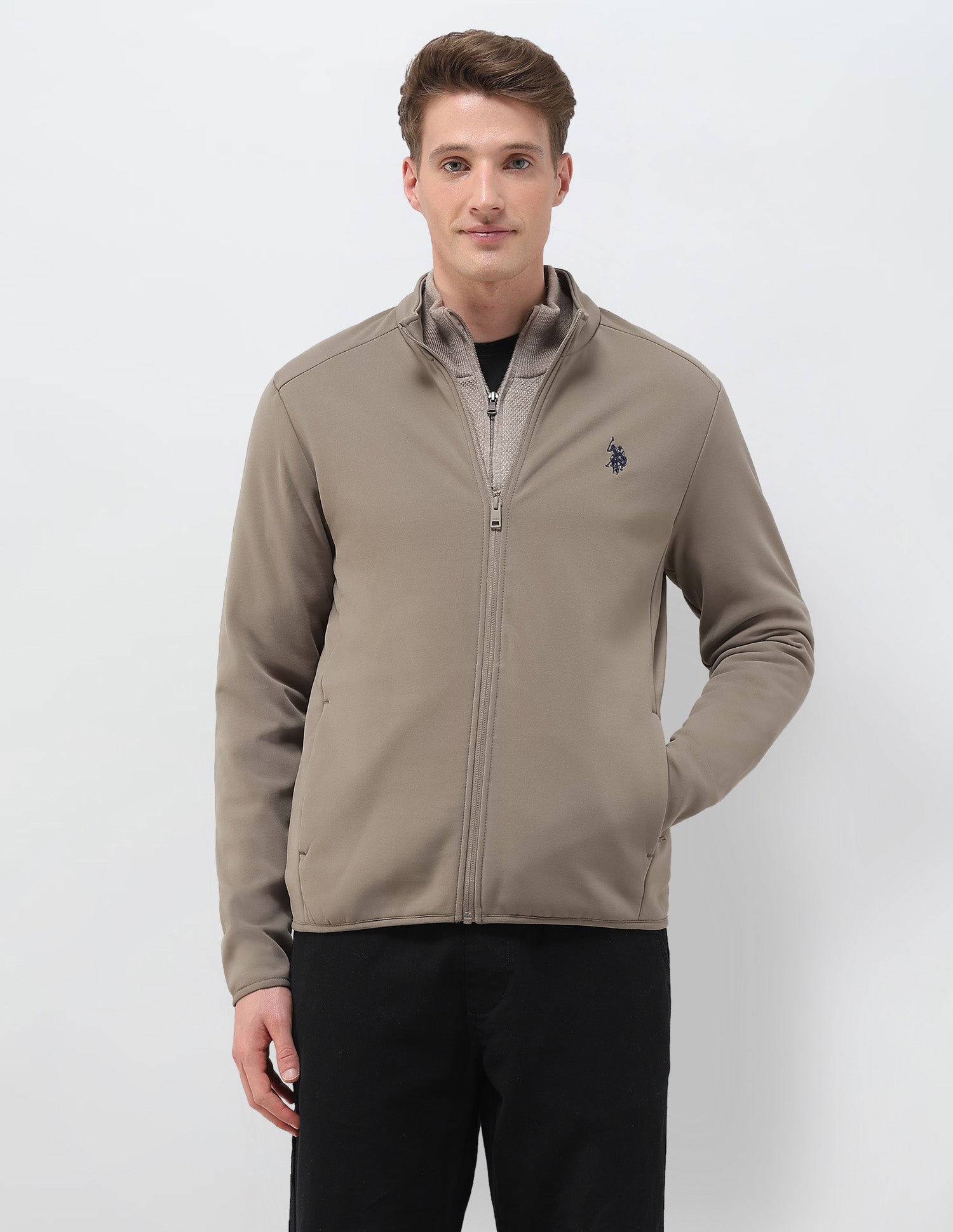 Solid Regular Fit Zipper Sweatshirt Light Brown - U.S. POLO ASSN. | Large