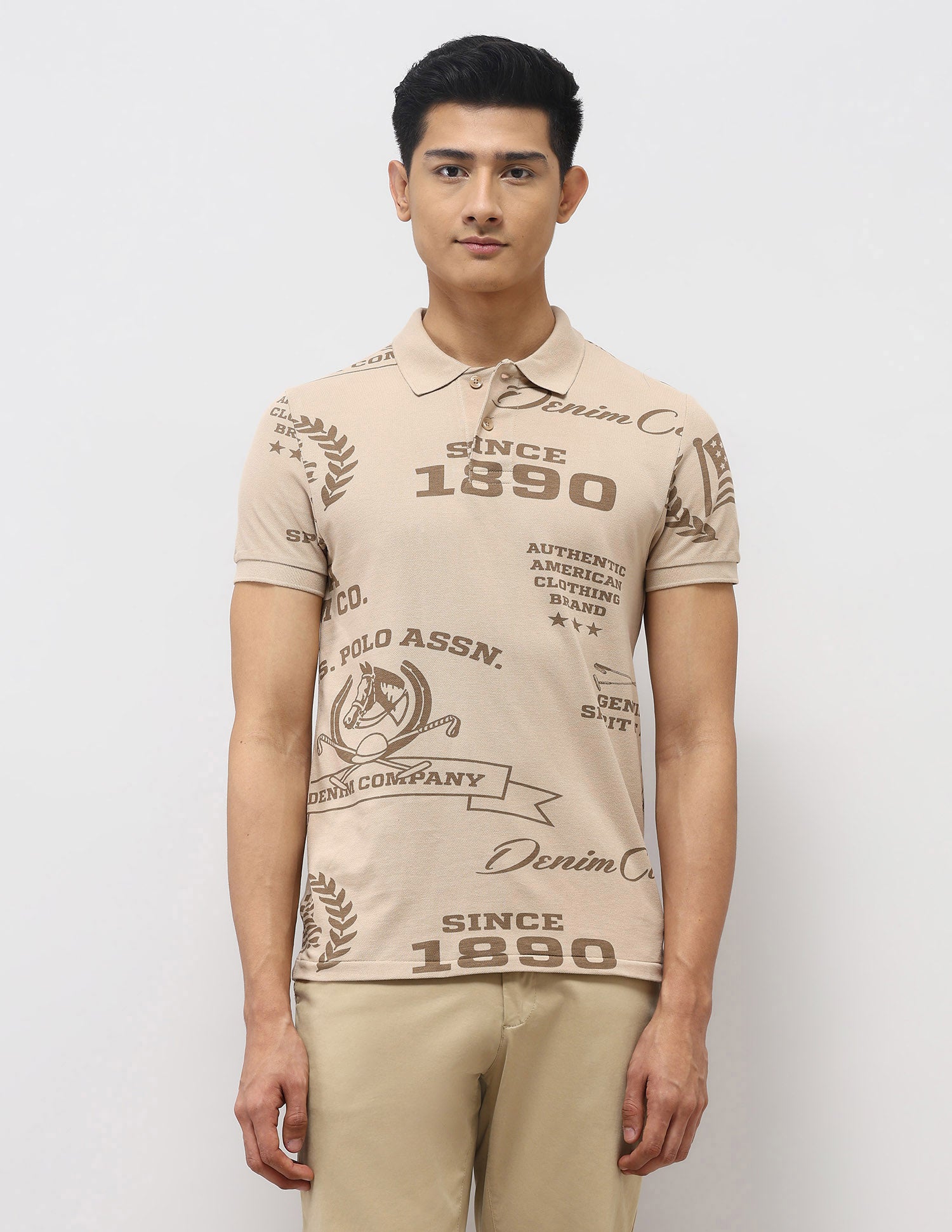 Brand Printed Muscle Fit Polo Shirt Beige - U.S. Polo Assn. India | Large