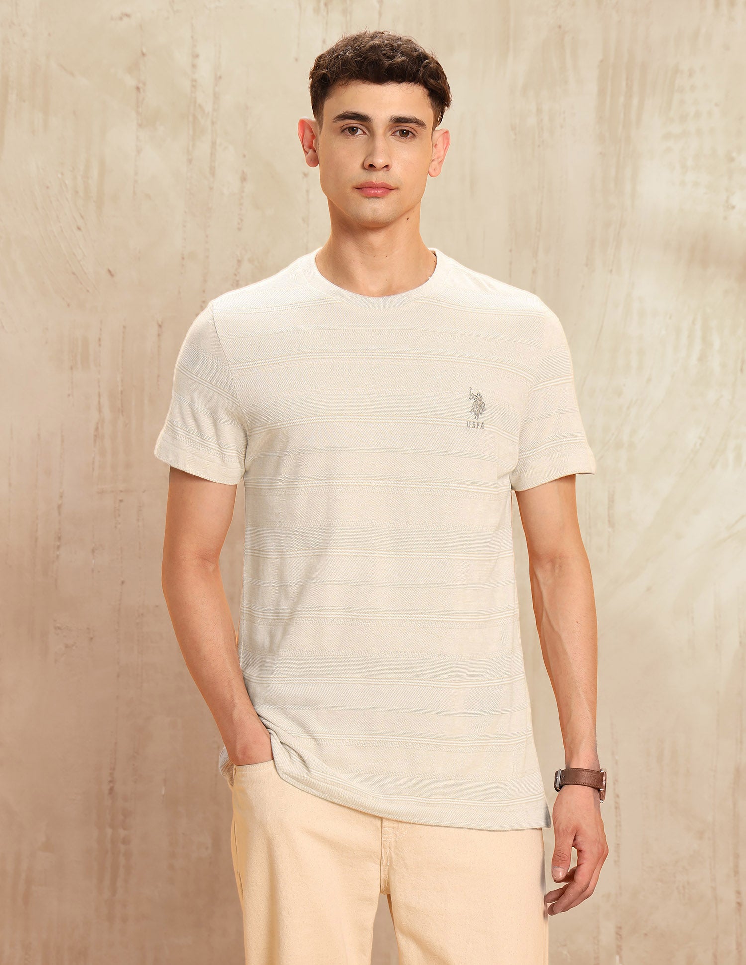 Horizontal Striped Slim Fit T-Shirt Beige - U.S. POLO ASSN. | Large
