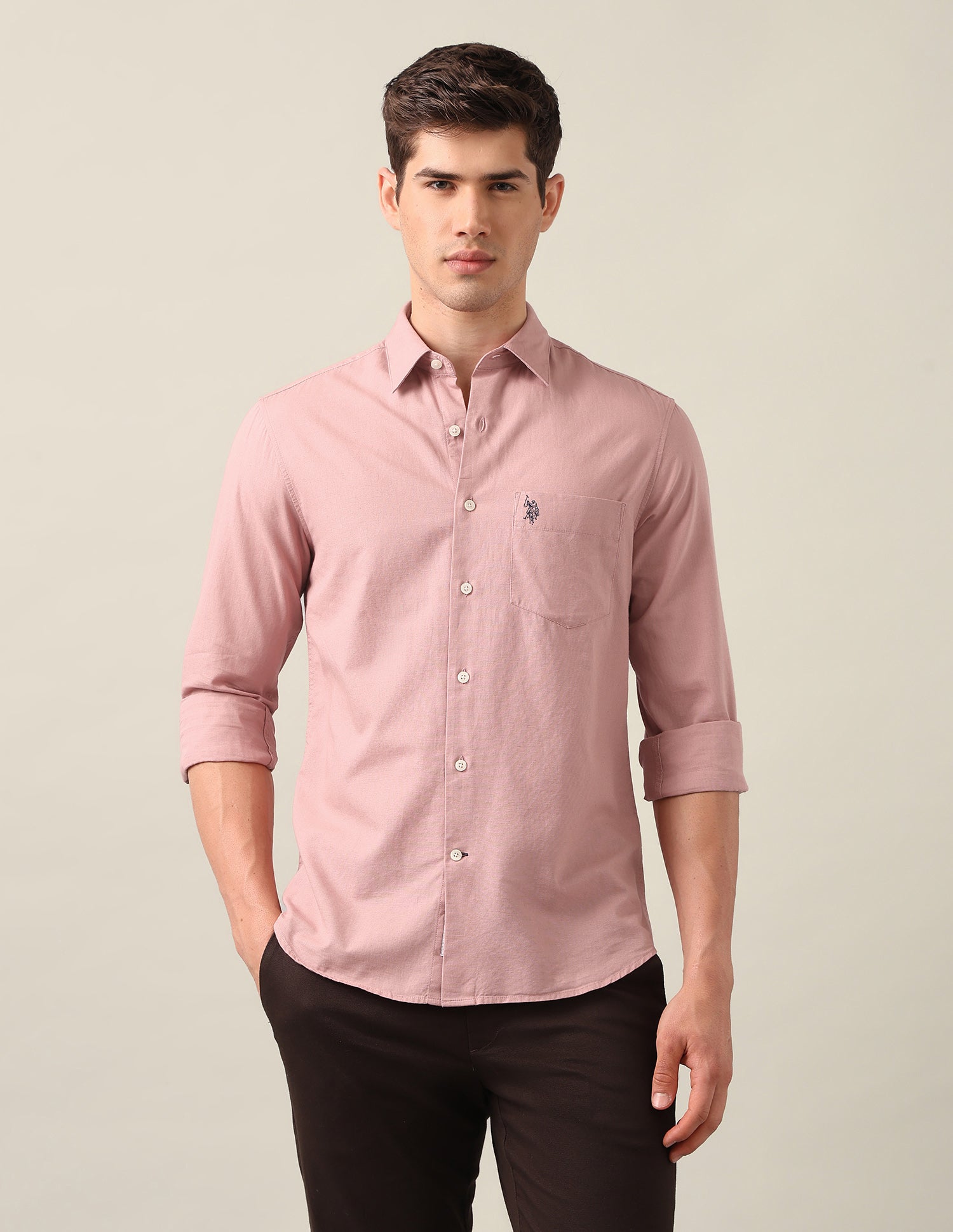 Tailored Fit Solid Shirt Peach - U.S. Polo Assn. India | Large
