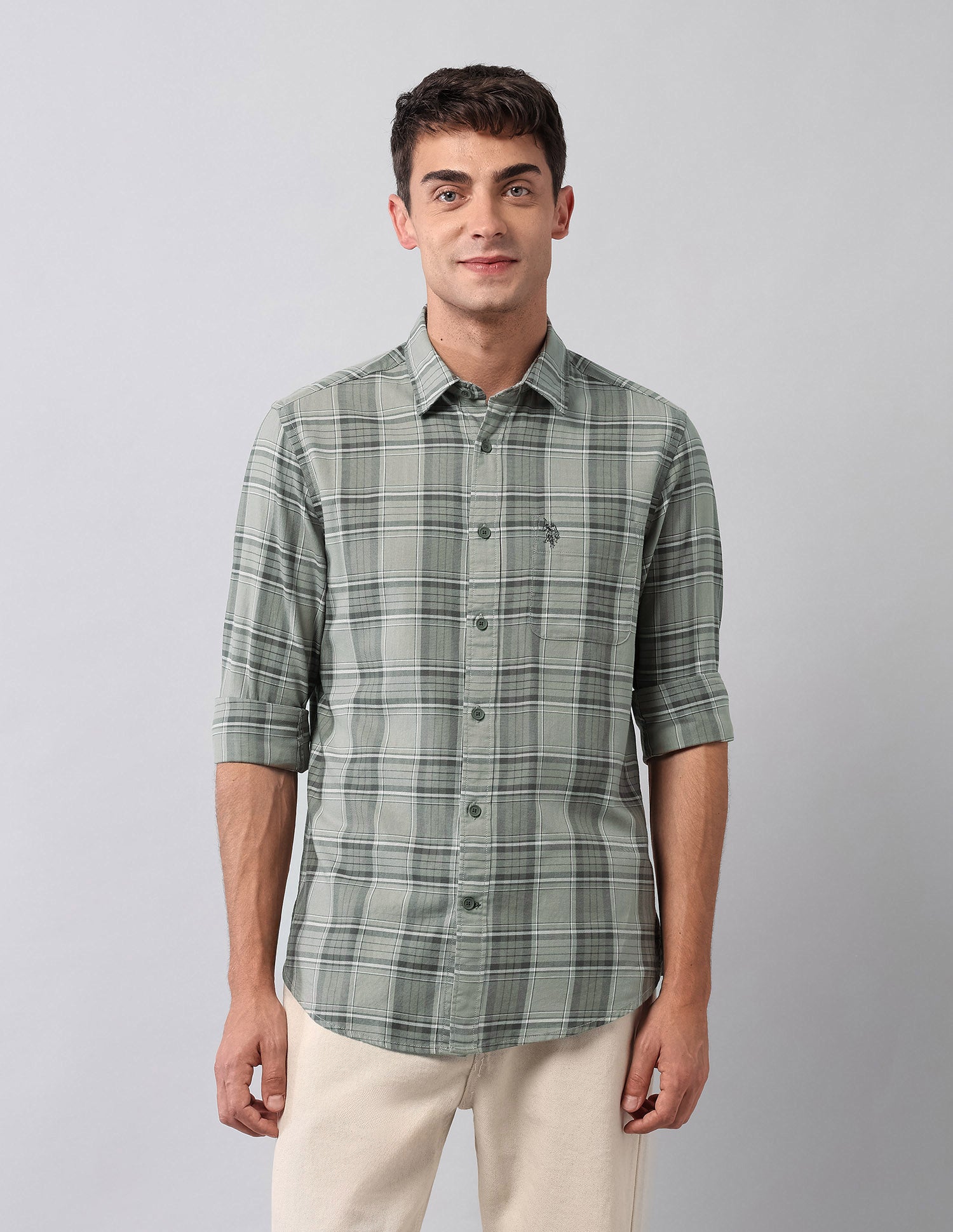 Tartan Checked Twill Shirt Light Olive - U.S. Polo Assn. India | Large