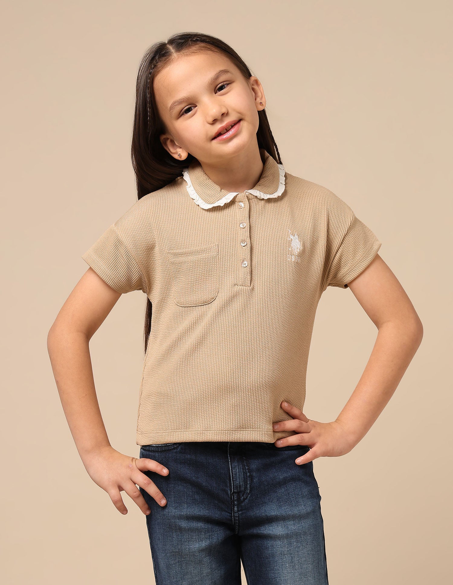 Girls Textured Boxy Fit Top Light Brown - U.S. POLO ASSN. | Large