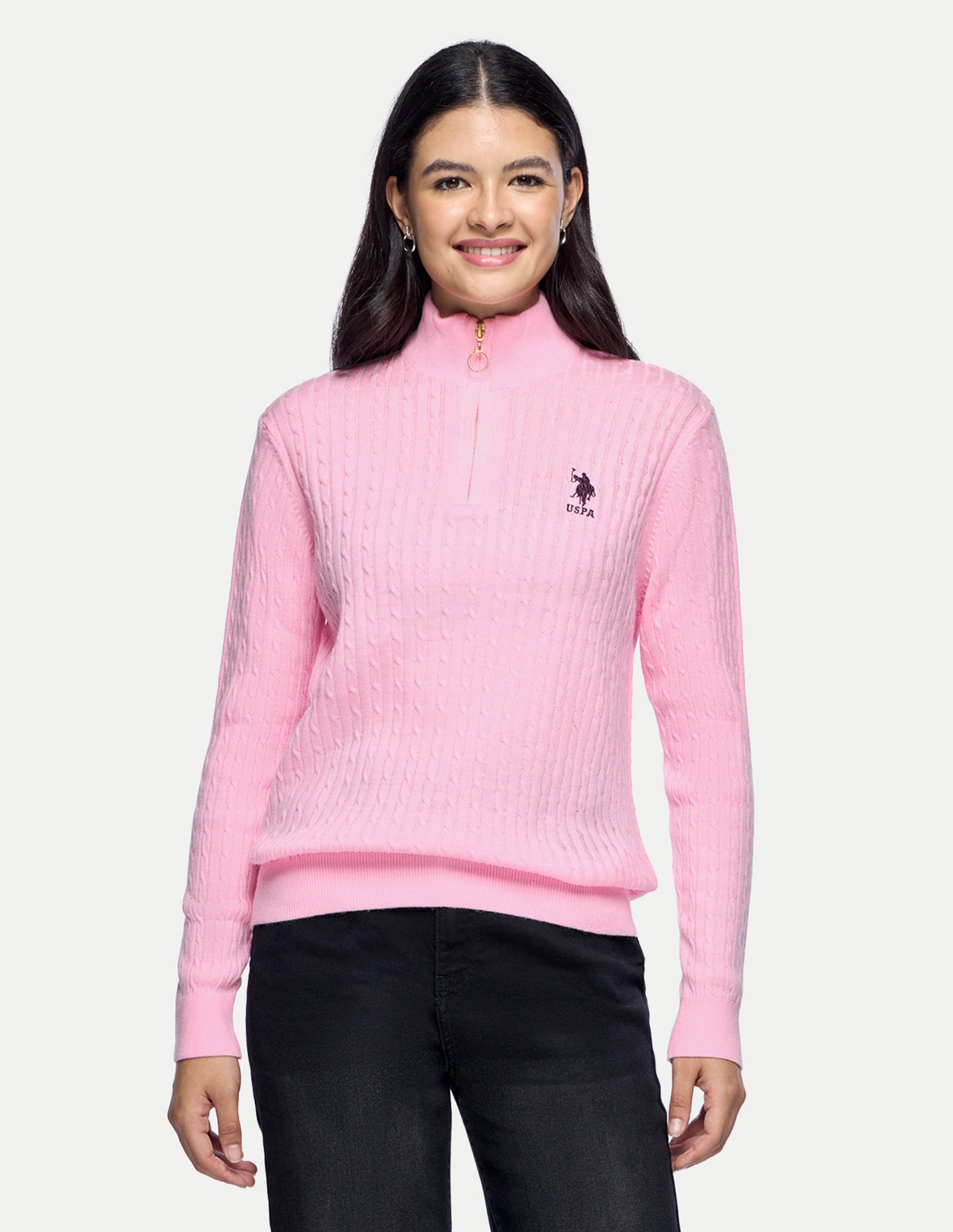 Cable Patterned Knit Regular Fit Sweater Pink - U.S. Polo Assn. India | Large