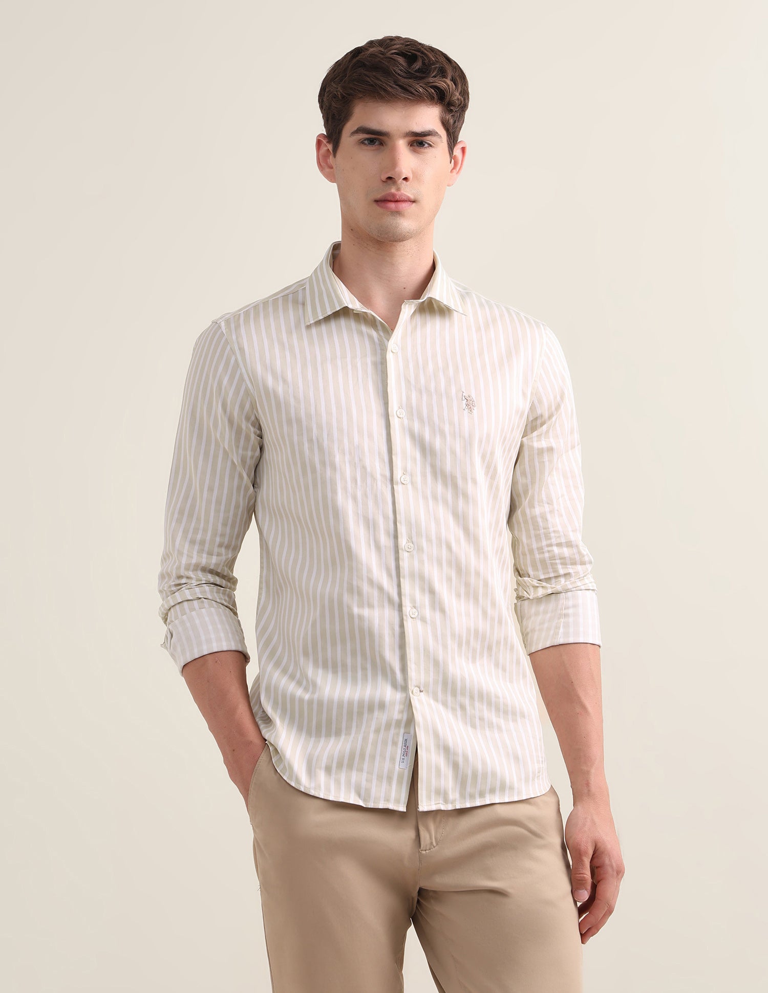 Vertical Striped Satin Shirt Beige - U.S. Polo Assn. India | Large