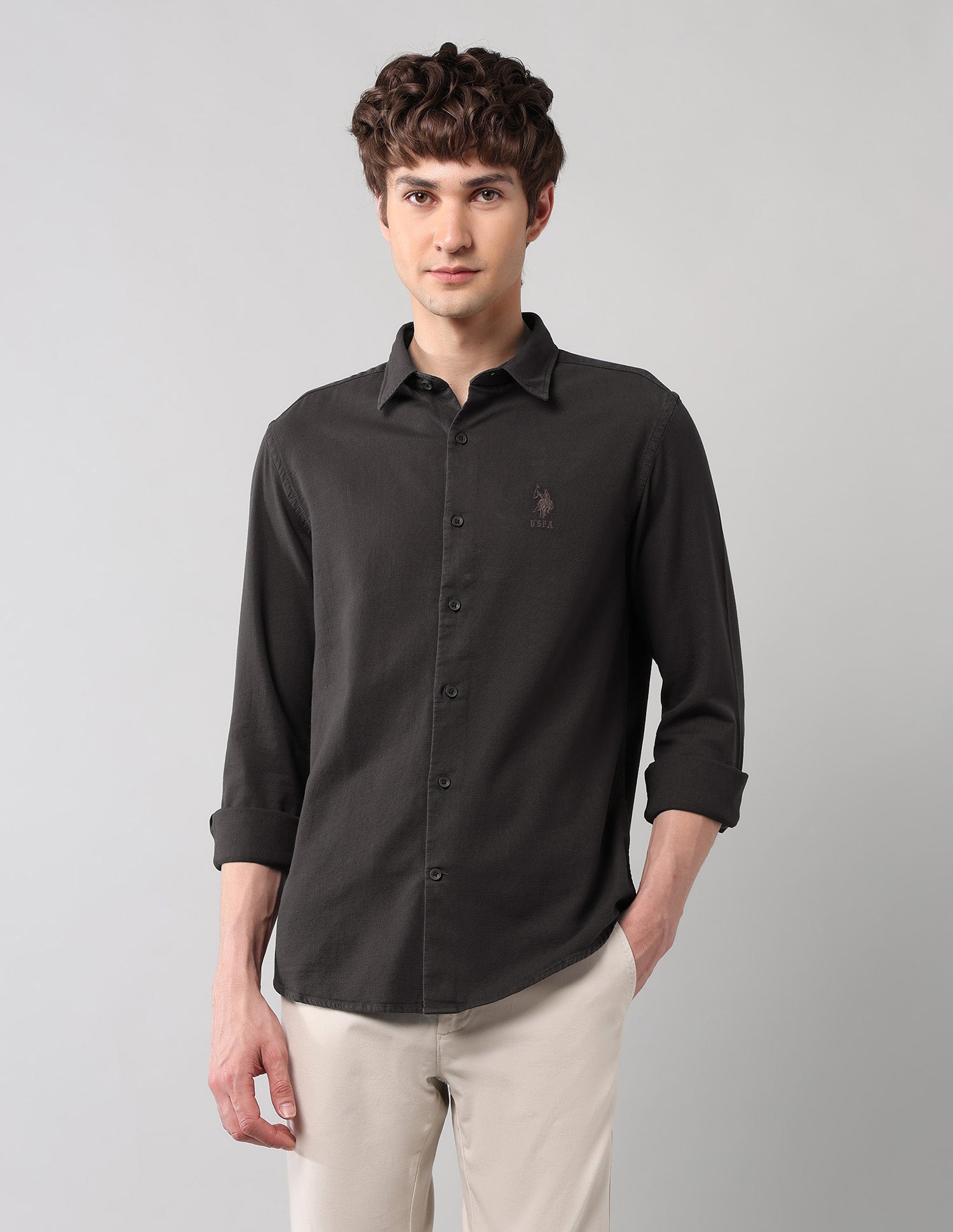 Pure Cotton Regular Fit Dobby Shirt Choco - U.S. Polo Assn. India | Large
