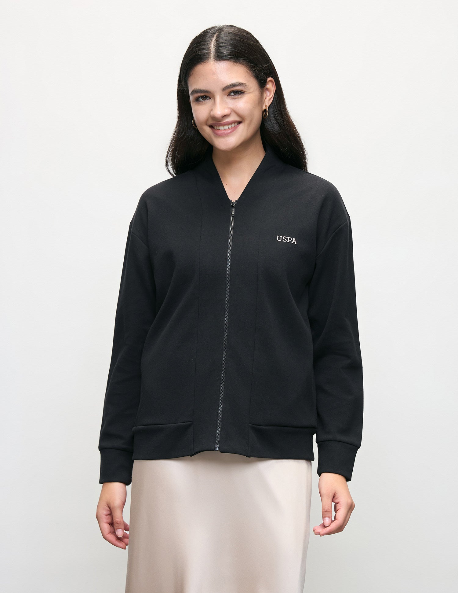 Solid Regular Fit Bomber Jacket Black - U.S. Polo Assn. India | Large