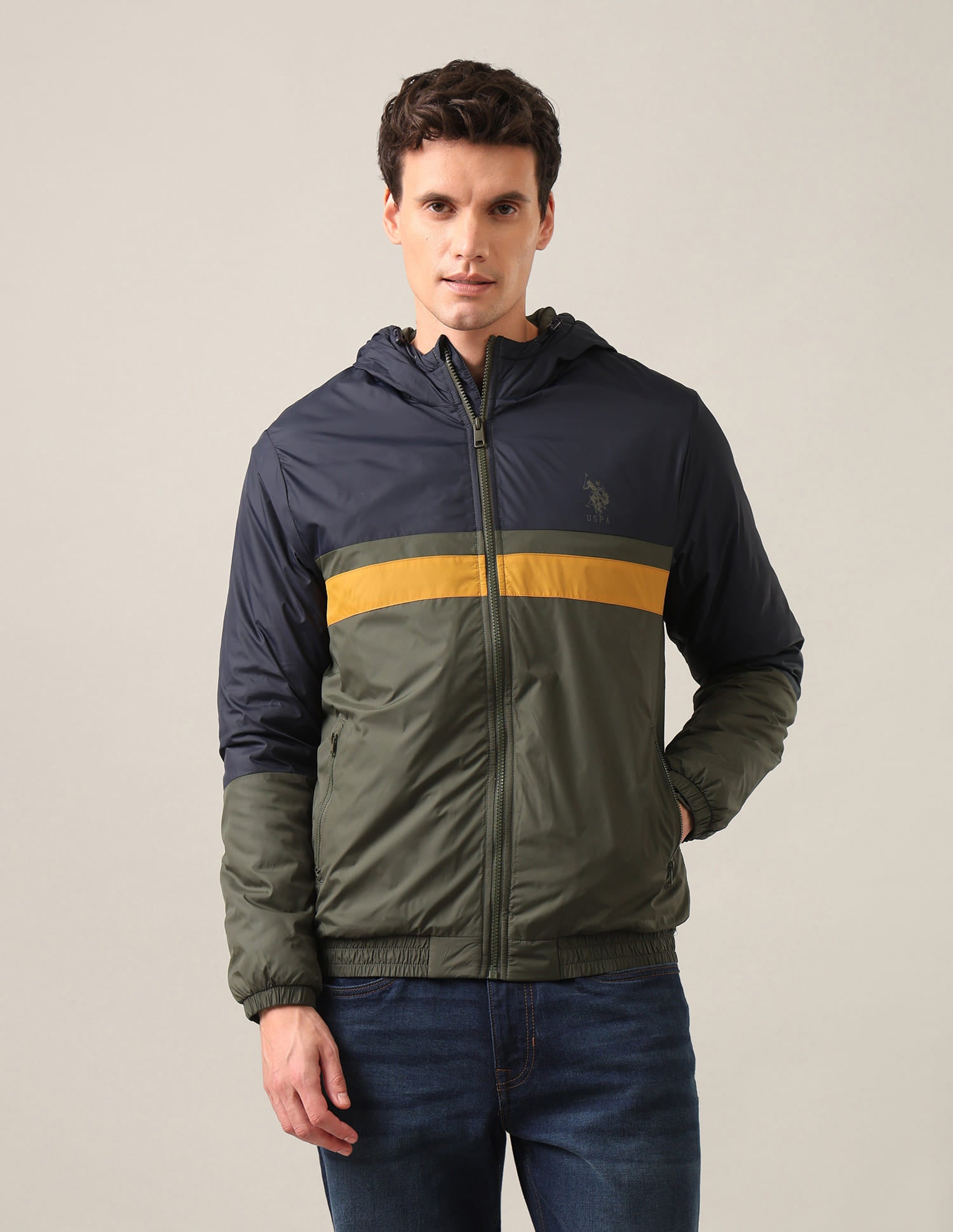 Colour Block Hooded Jacket Olive - U.S. Polo Assn. India | Large
