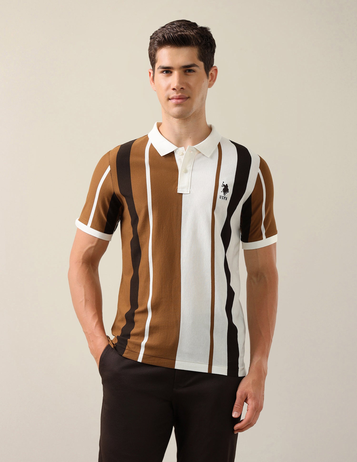 Vertical Striped Slim Fit Polo Shirt Brown - U.S. Polo Assn. India | Large