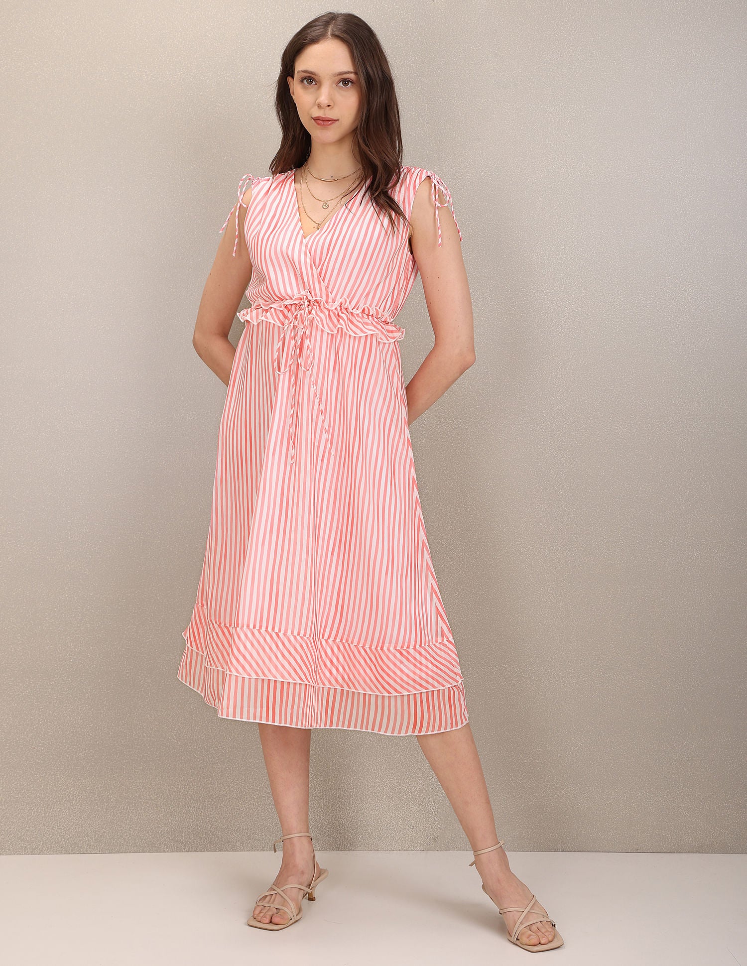 V-Neck Striped Midi Dress Peach and White - U.S. Polo Assn. India | Large