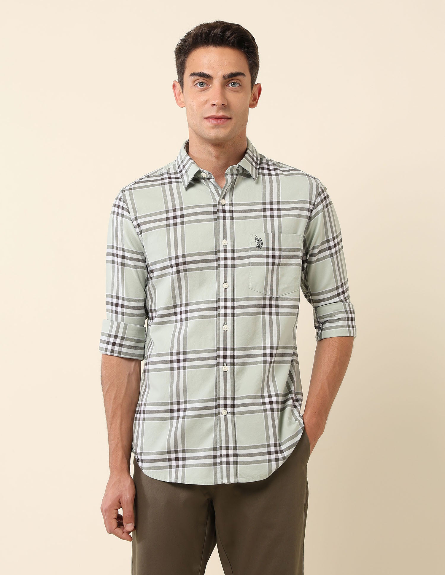 Pure Cotton Tartan Checked Shirt Light Green - U.S. Polo Assn. India | Large