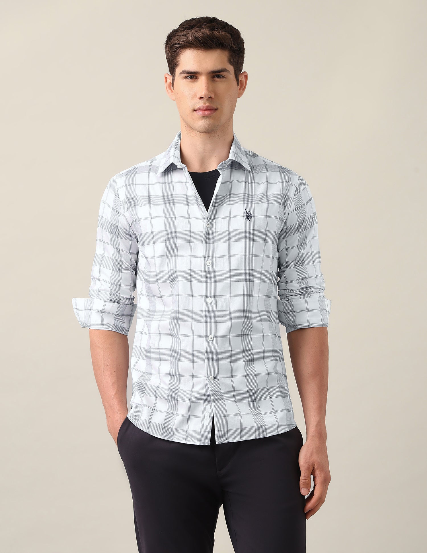 Grid Tattersall Checked Satin Shirt Navy - U.S. Polo Assn. India | Large