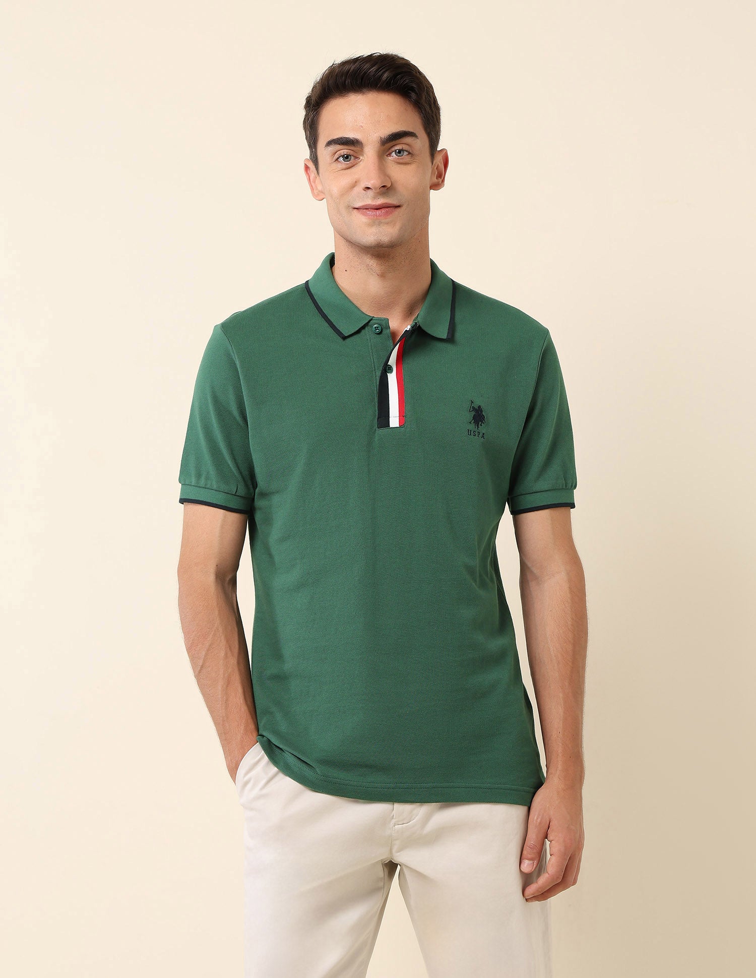 Slim Fit Solid Polo Shirt Dark Green - U.S. Polo Assn. India | Large