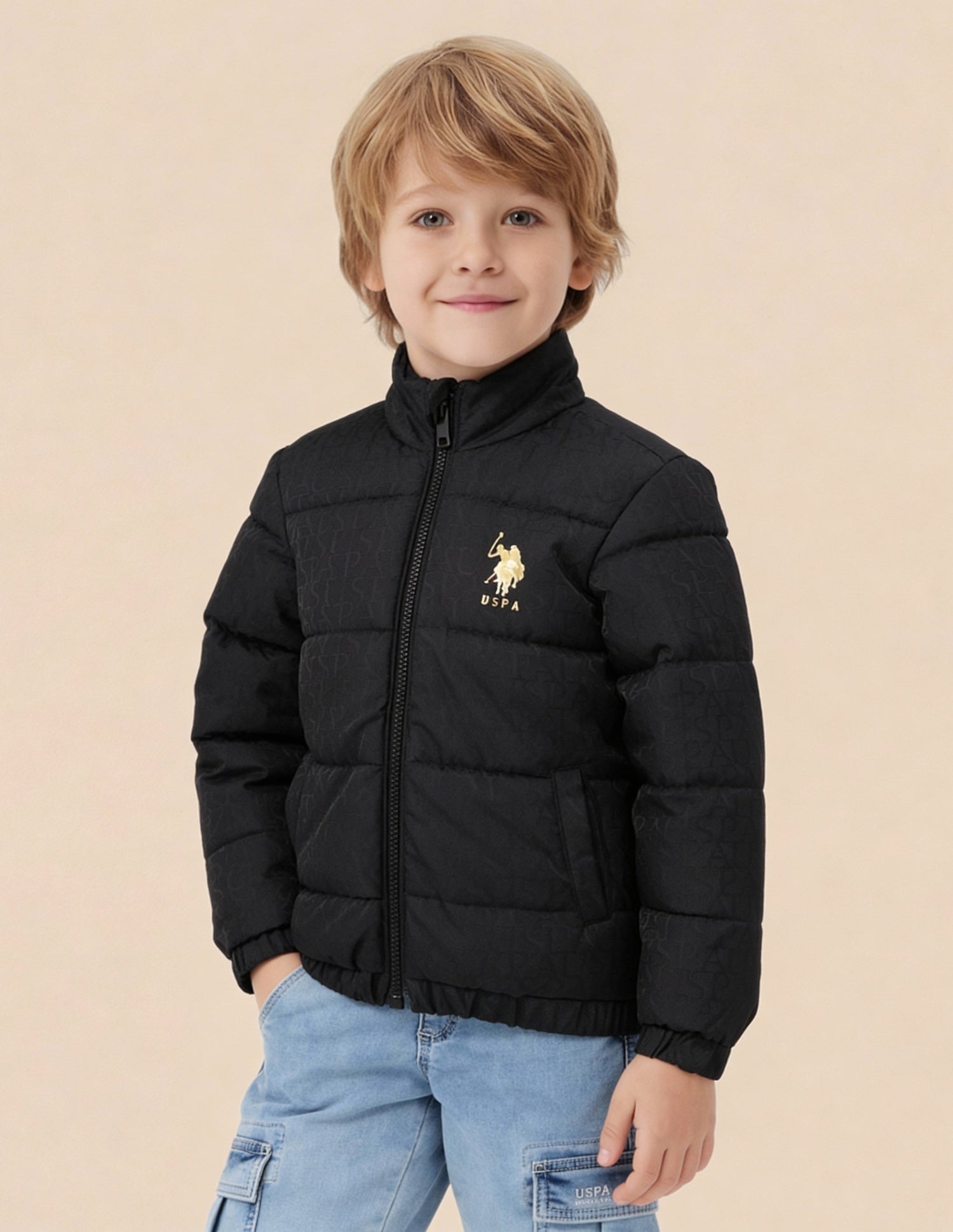 Boys Brand Printed Puffer Jacket Black - U.S. Polo Assn. India | Large