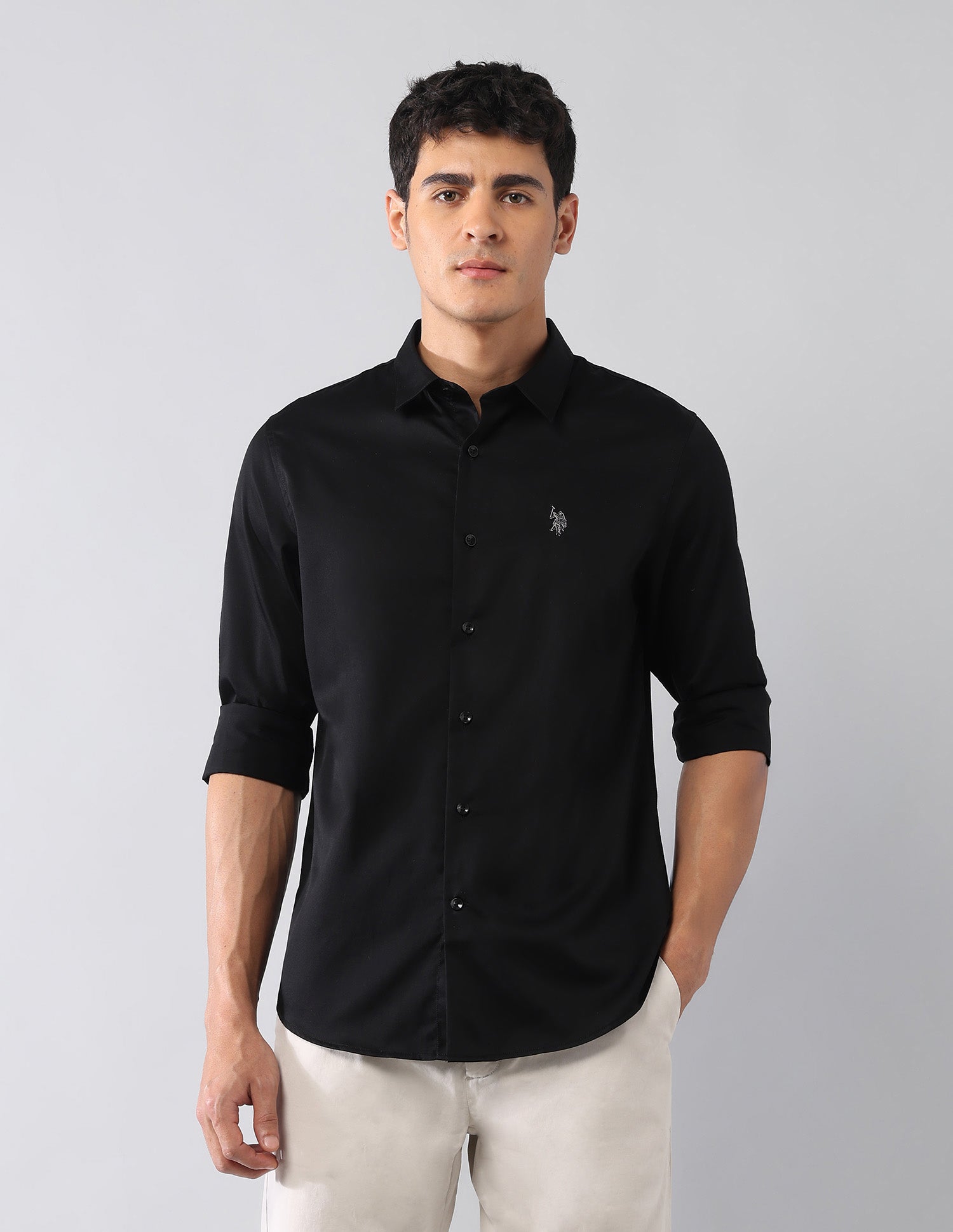 Solid Satin Regular Fit Shirt Black - U.S. Polo Assn. India | Large