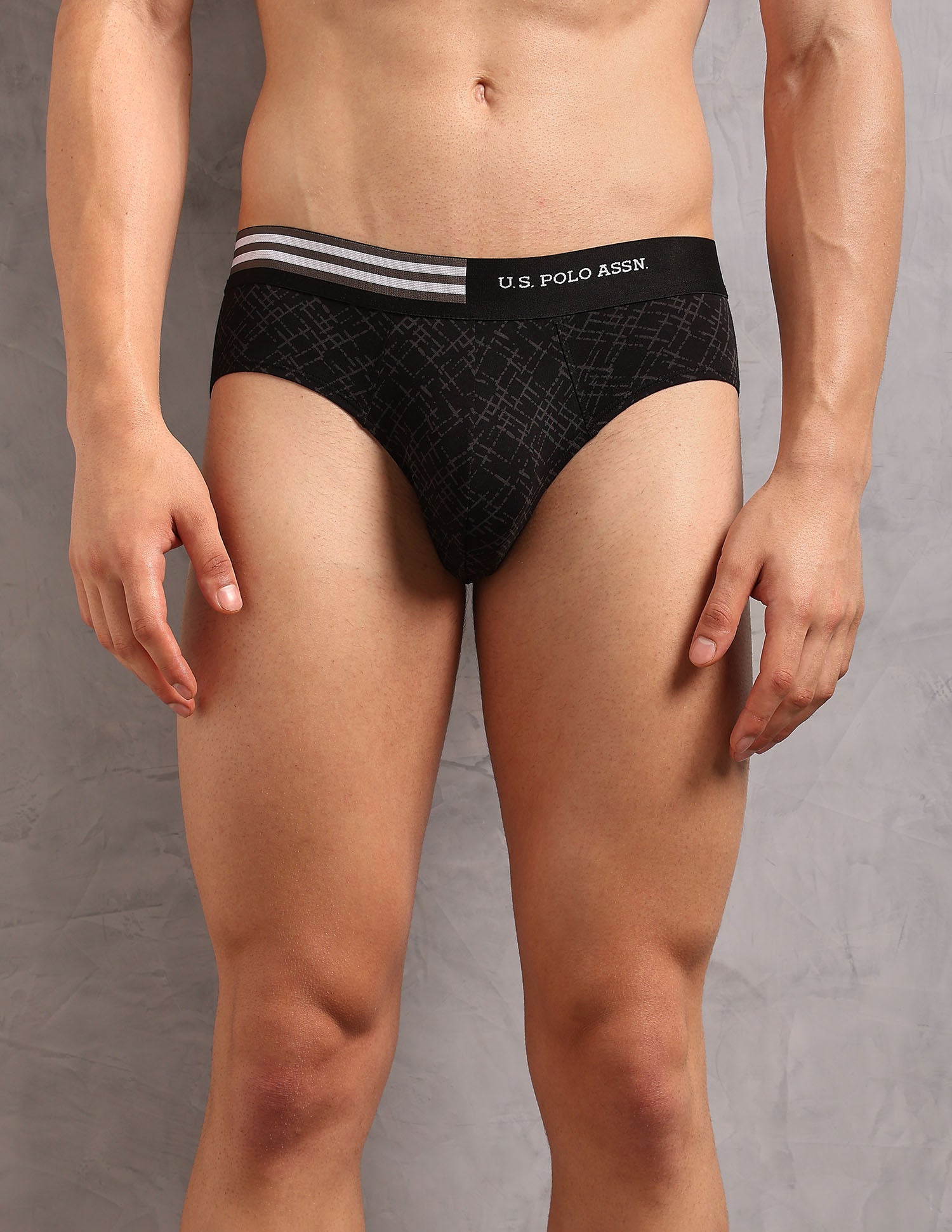 Printed Low Rise OEB20 Briefs - Pack Of 3 Uspa Black, Orion Blue and Asphalight - U.S. Polo Assn. India | Large