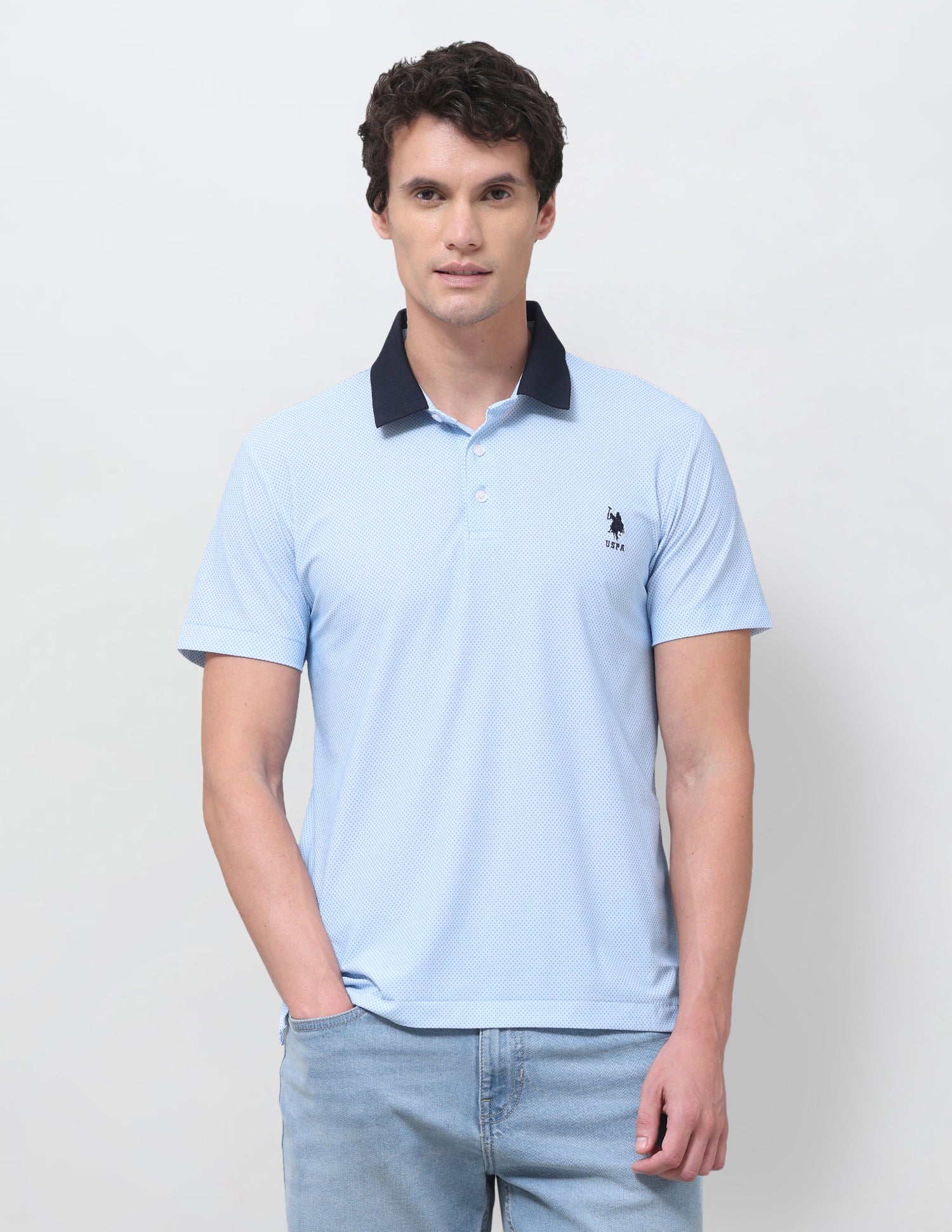 Geometric Printed Slim Fit Polo Shirt Light Blue - U.S. Polo Assn. India | Large