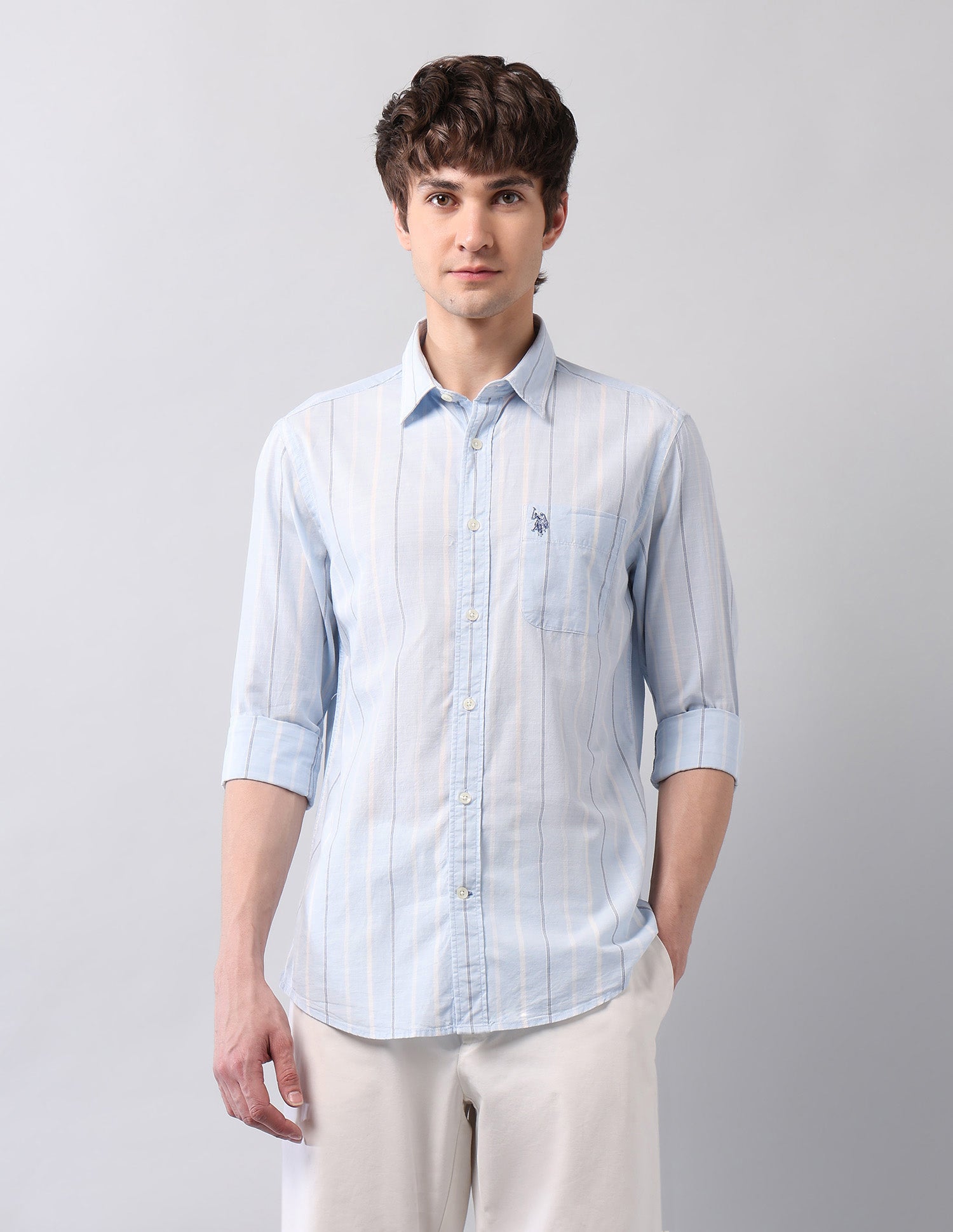 Vertical Striped Pure Cotton Shirt Light Blue - U.S. POLO ASSN. | Large