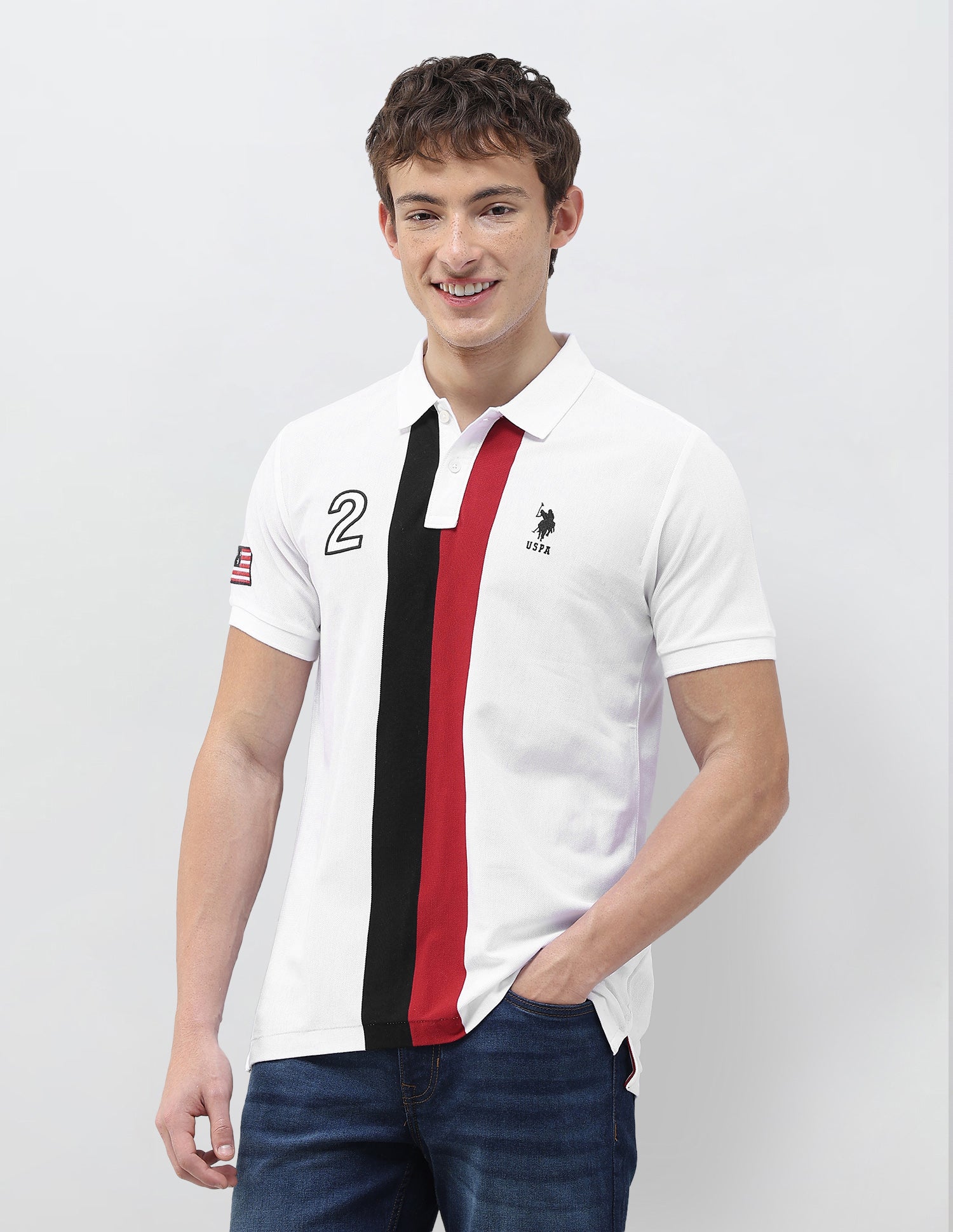 Solid Stripe Detail Embroidered Slim Fit Polo Shirt White - U.S. Polo Assn. India | Large