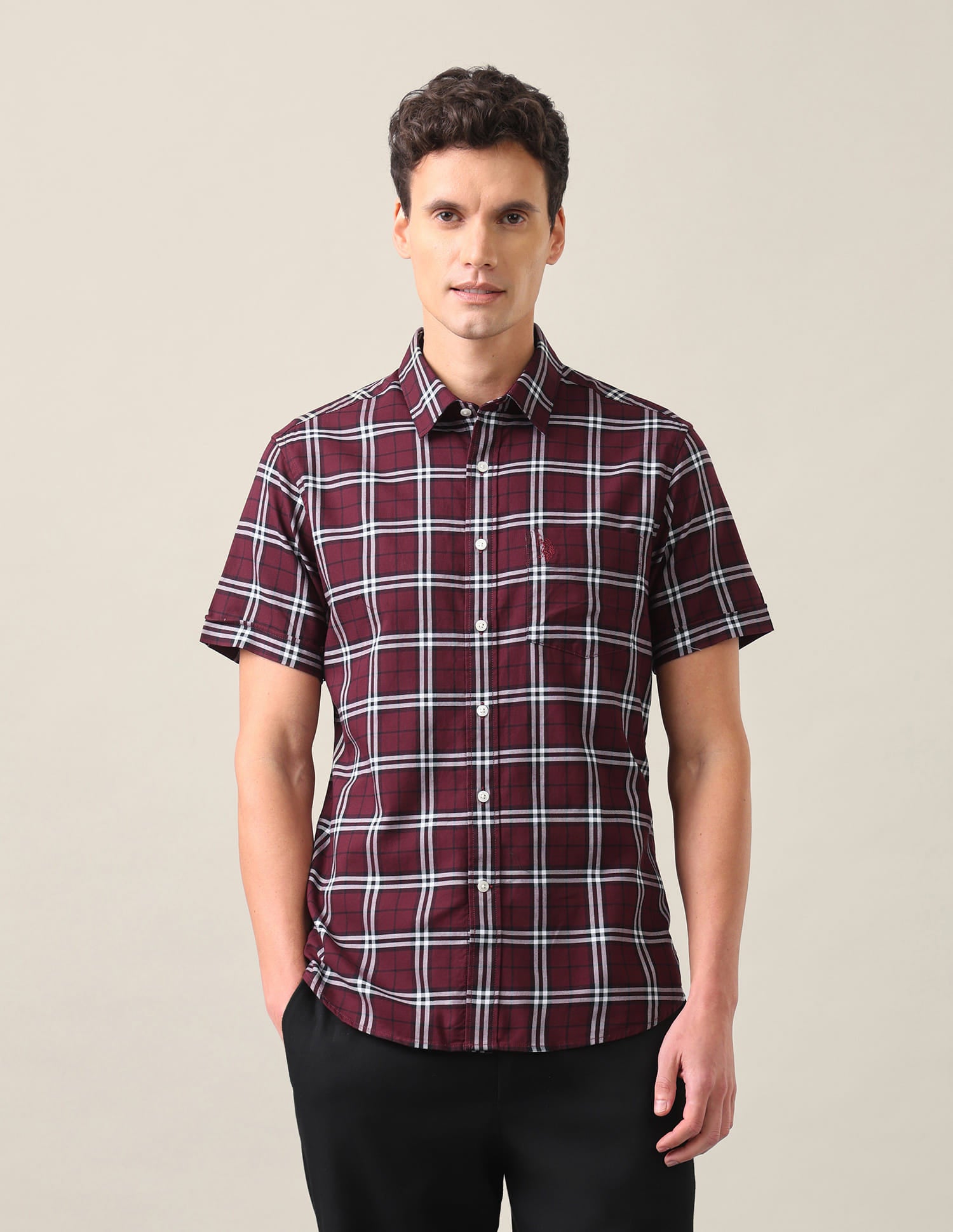 Plaid Checked Tailored Fit Shirt Maroon - U.S. Polo Assn. India | Large