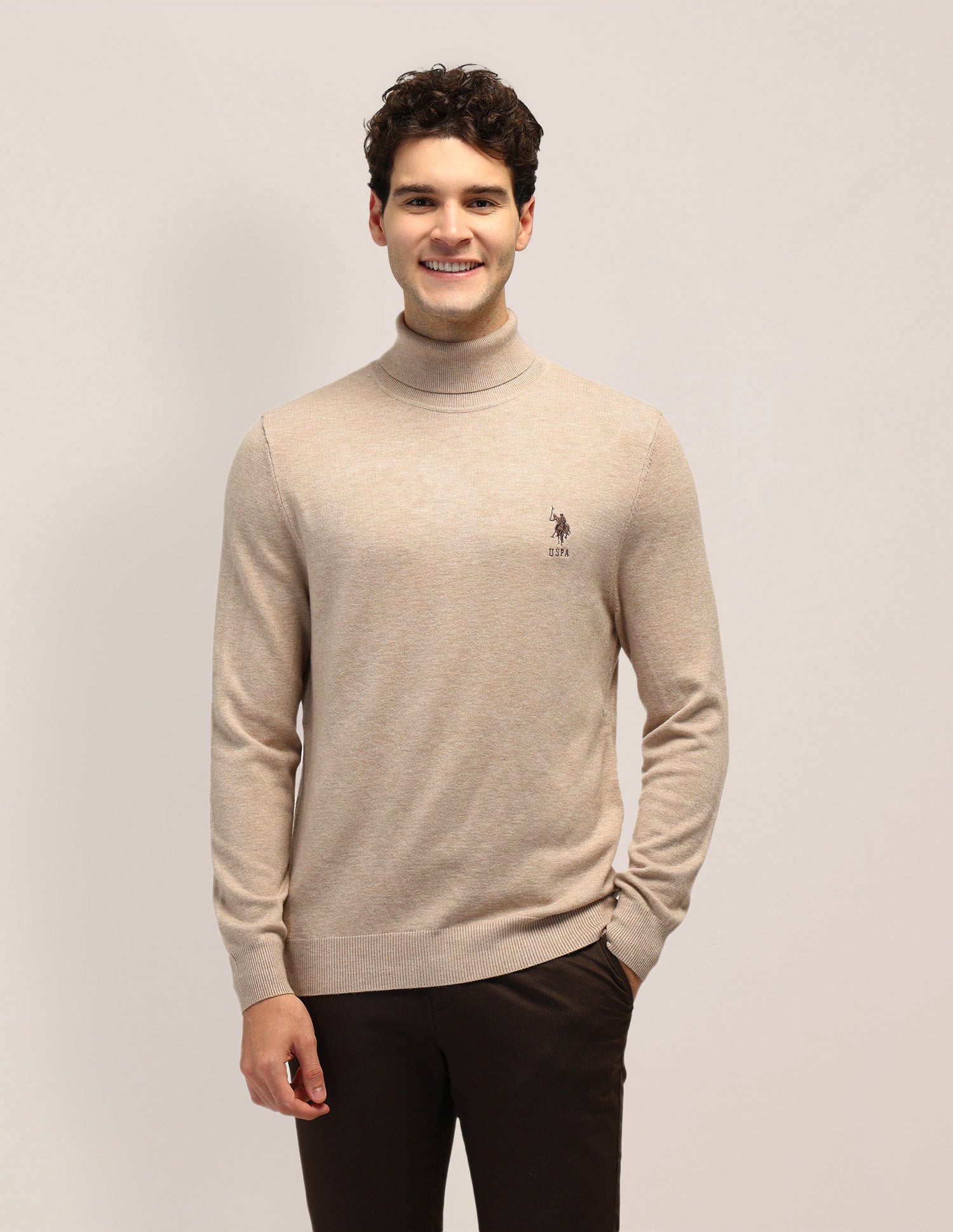 Solid Regular Fit Sweater Beige - U.S. Polo Assn. India | Large