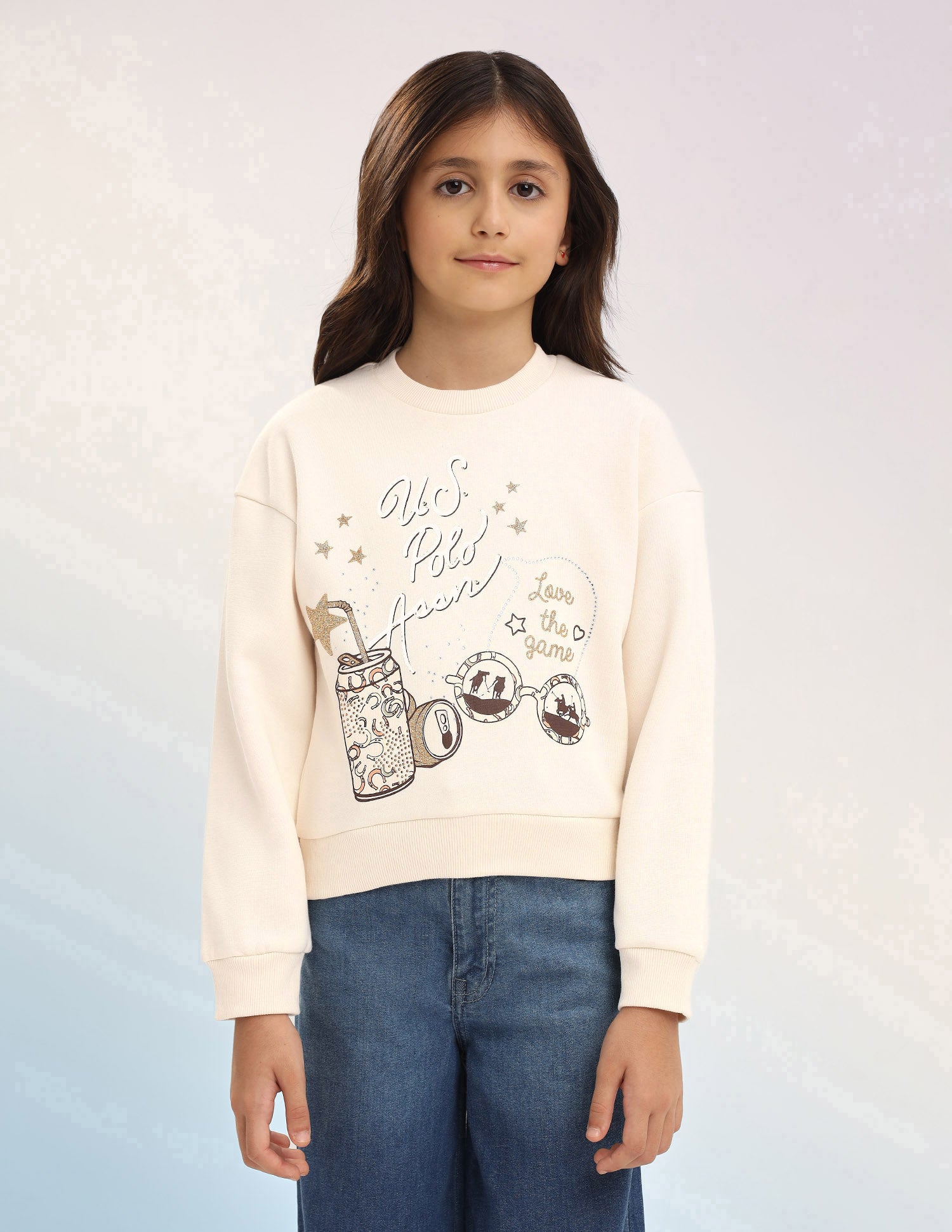 Brand Embellished Regular Fit Sweatshirt Beige - U.S. POLO ASSN. | Large