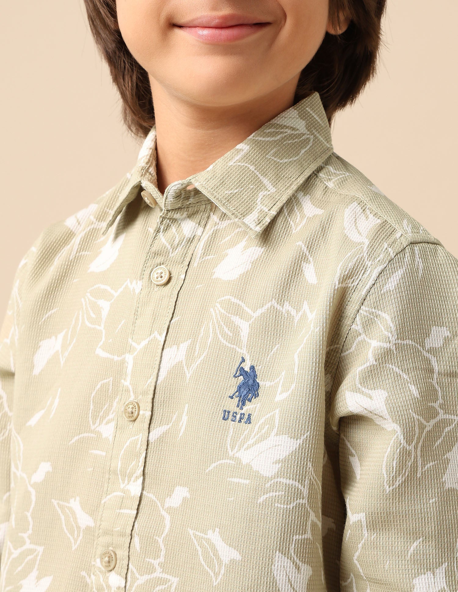 Boys Floral Printed Dobby Shirt Beige - U.S. POLO ASSN. | Large