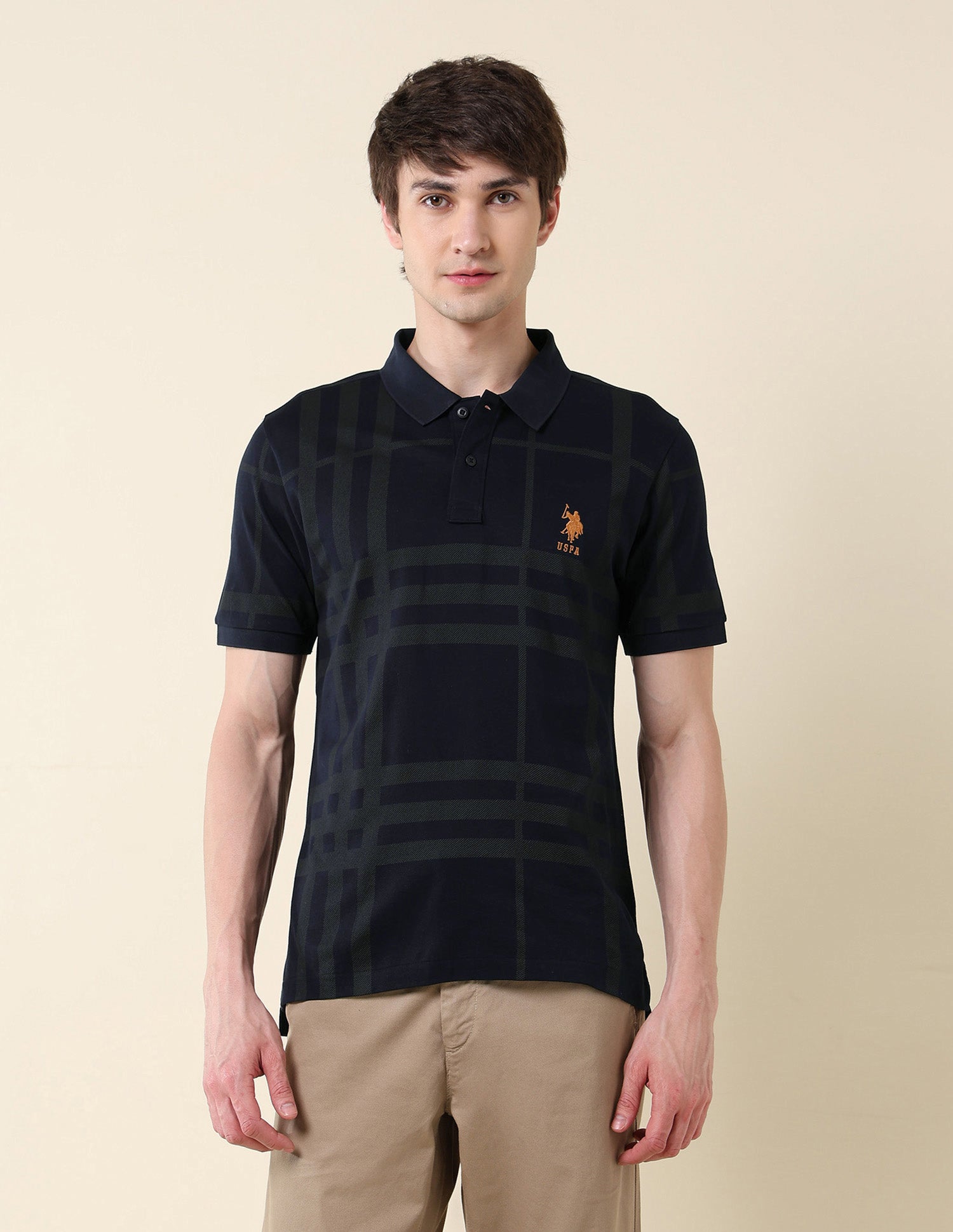 Checked Pure Cotton Varsity Polo Shirt Navy - U.S. Polo Assn. India | Large