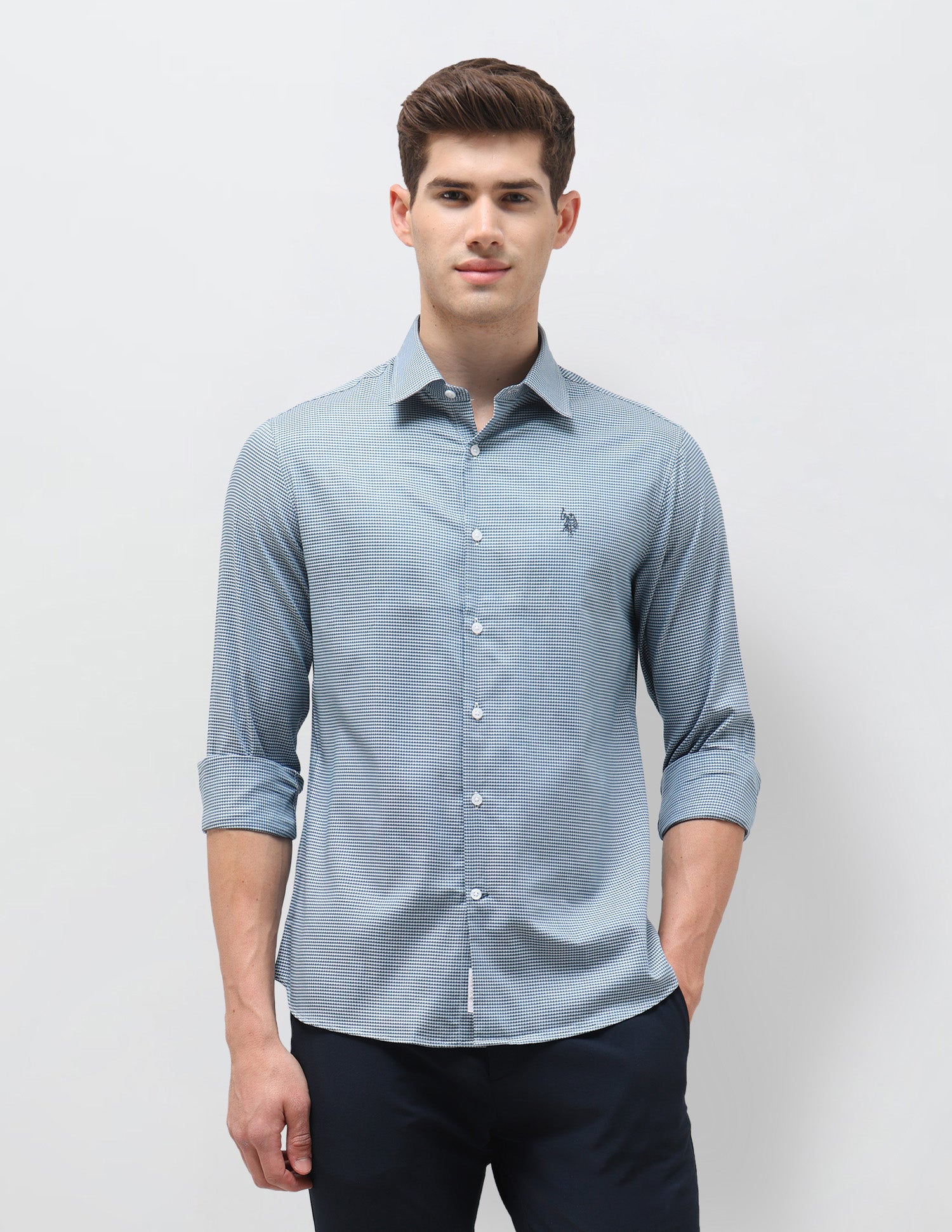 Twill Self Design Geometric Shirt Blue - U.S. Polo Assn. India | Large