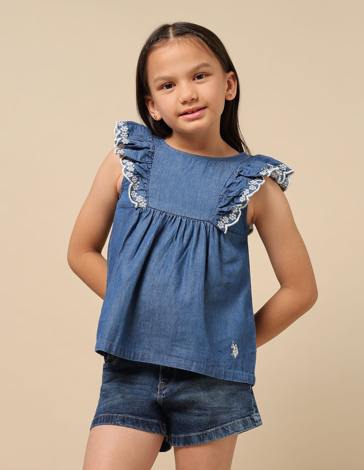 Girls Round Neck Denim Top Blue - U.S. Polo Assn. India | Large