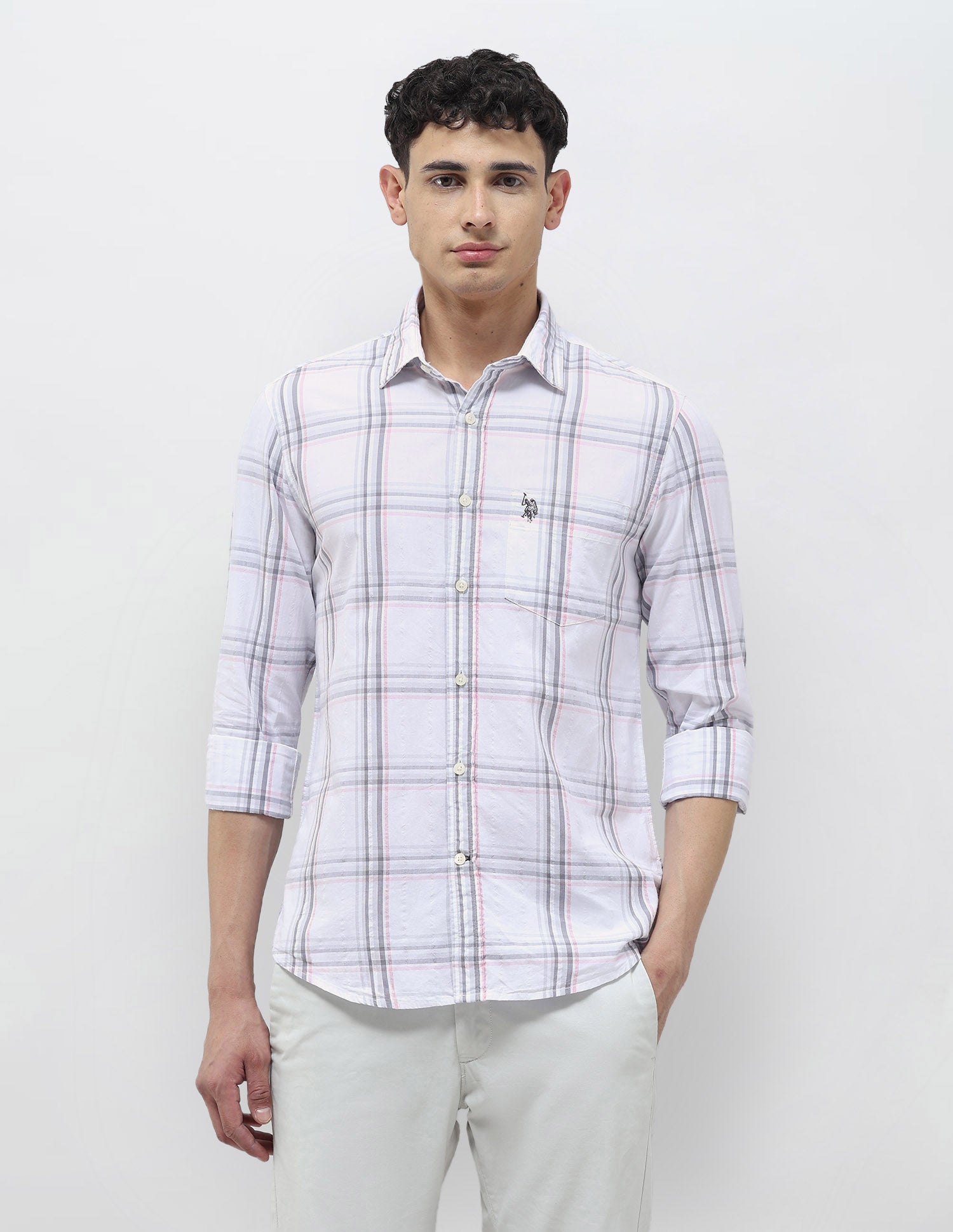 Seersucker Tailored Fit Shirt Light Grey - U.S. Polo Assn. India | Large