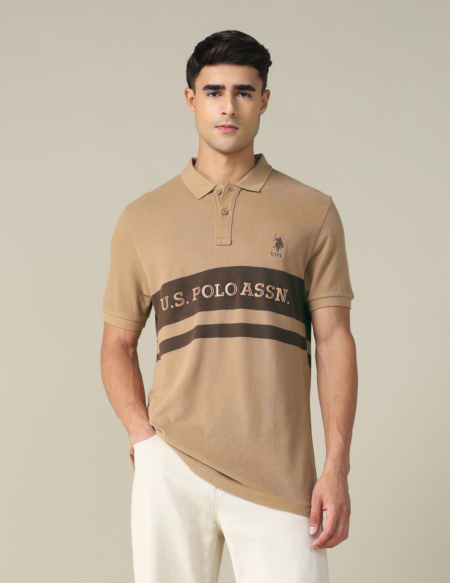 Colourblocked Brand Printed Regular Fit Polo Shirt Light Beige - U.S. POLO ASSN. | Large