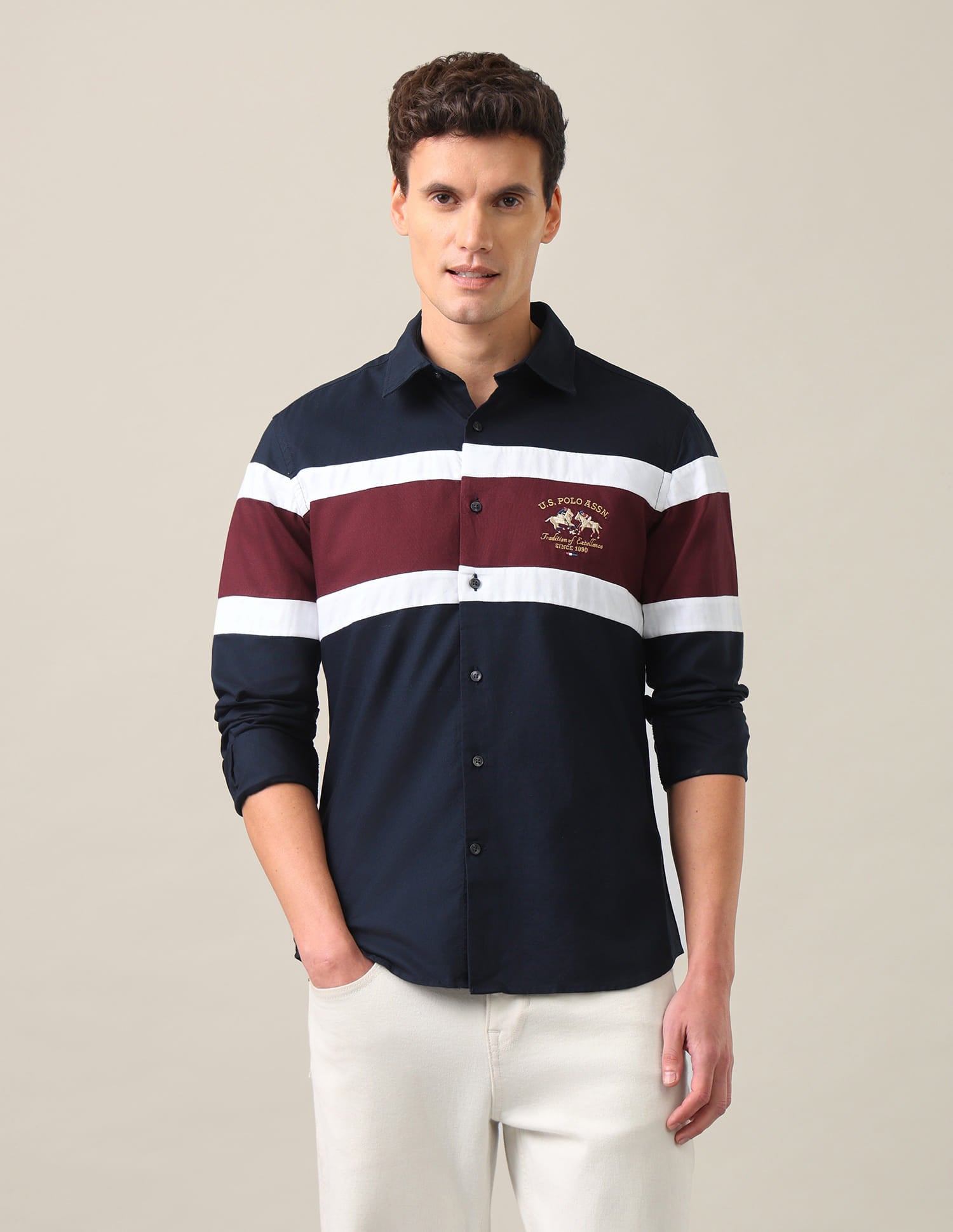 Colour Blocked Tailored Fit Shirt Navy Blue - U.S. Polo Assn. India | Large
