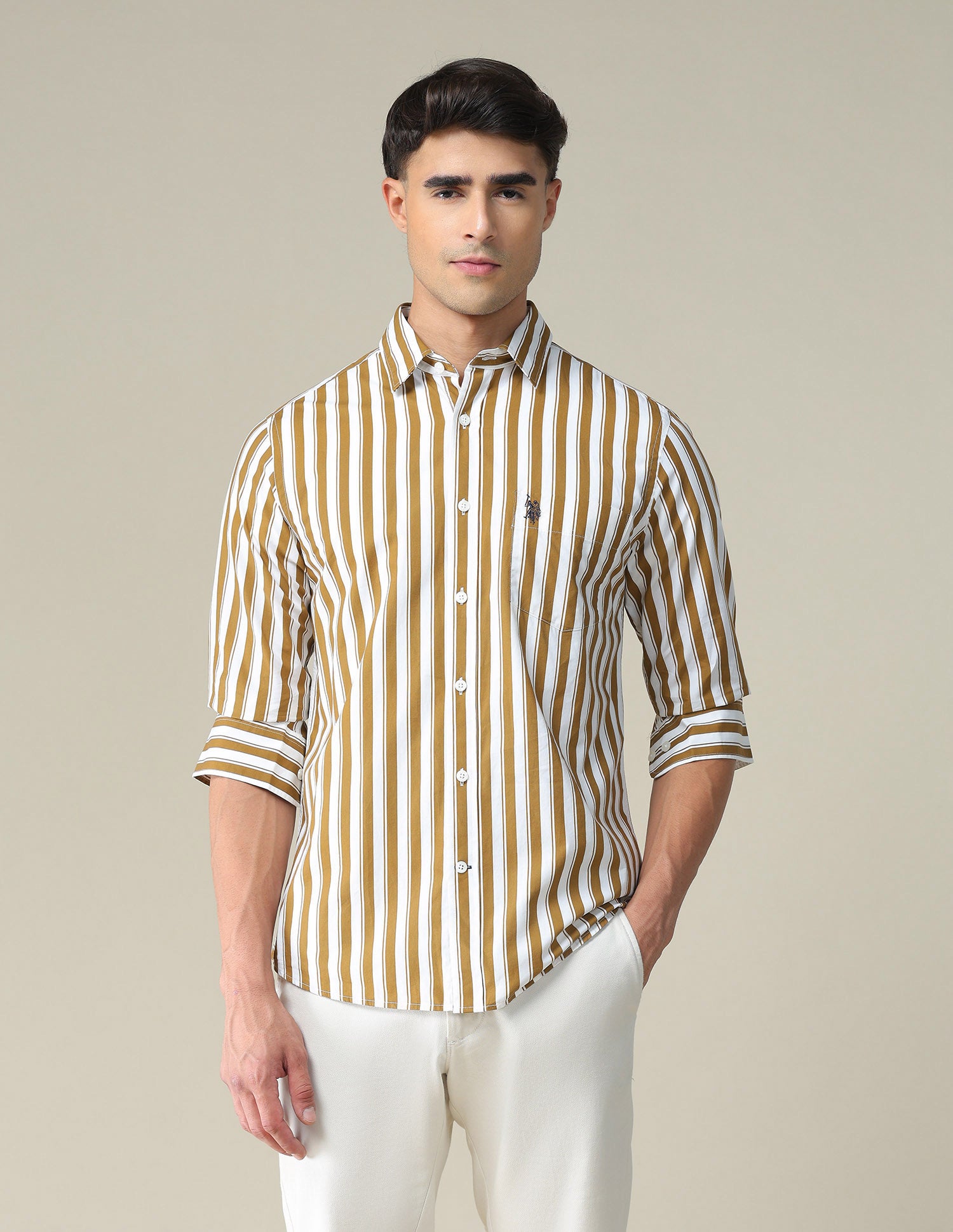 Vertical Stripe Cotton Shirt Ochre and White - U.S. POLO ASSN. | Large