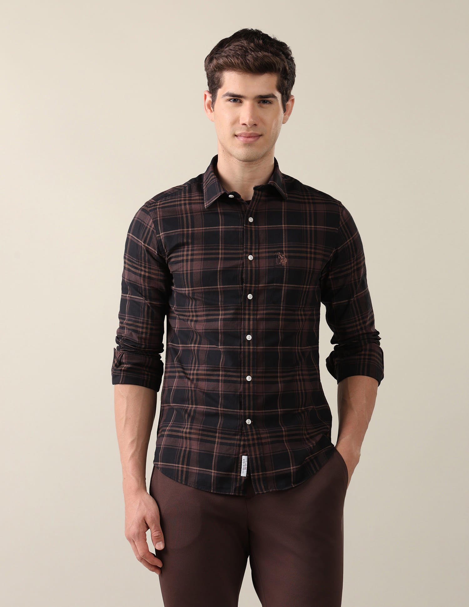 Plaid Checked Tailored Fit Shirt Brown - U.S. Polo Assn. India | Large