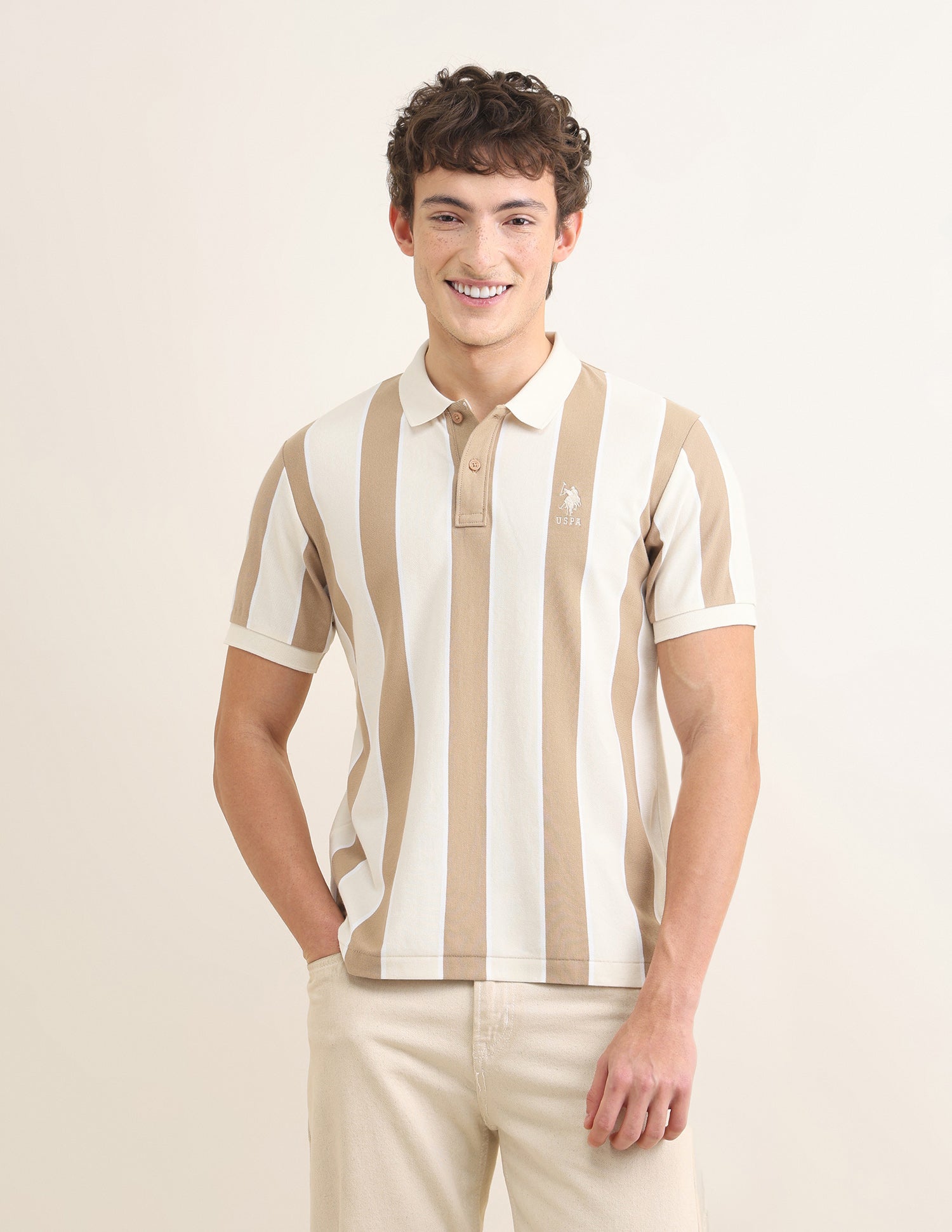 Sotogrande Vertical Striped Polo Shirt Beige - U.S. Polo Assn. India | Large