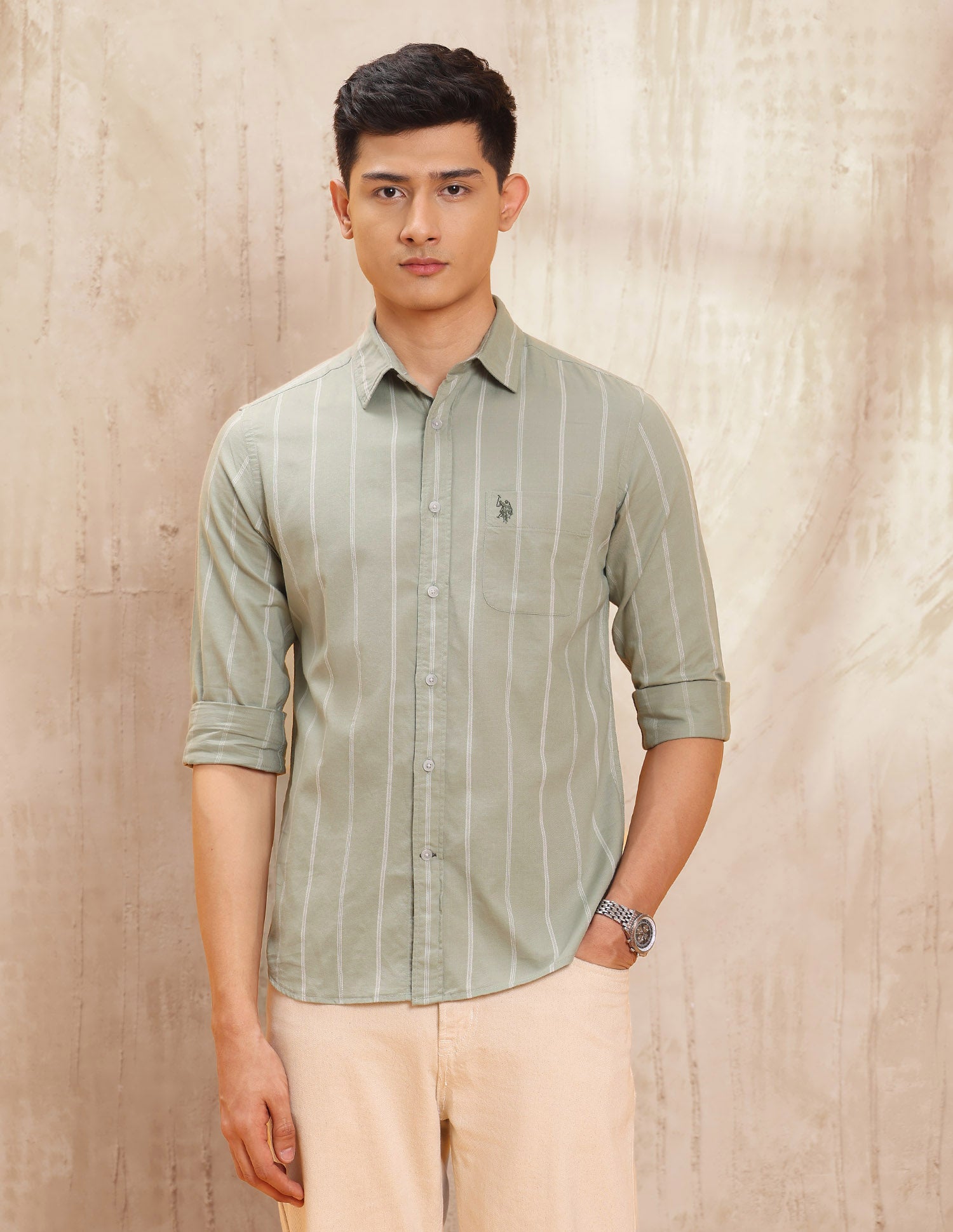 Vertical Striped Pure Cotton Shirt Light Green - U.S. POLO ASSN. | Large